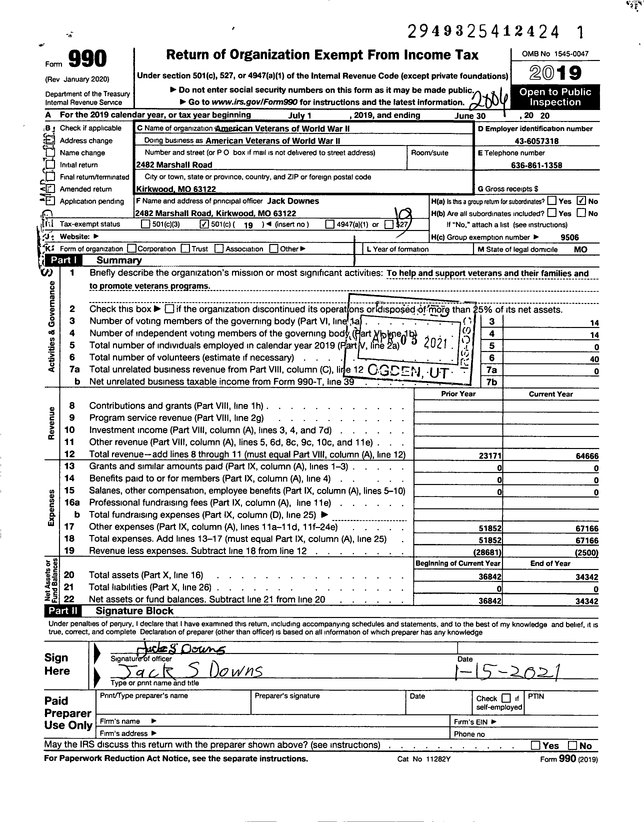 Image of first page of 2019 Form 990O for Amvets - 0001 Mo