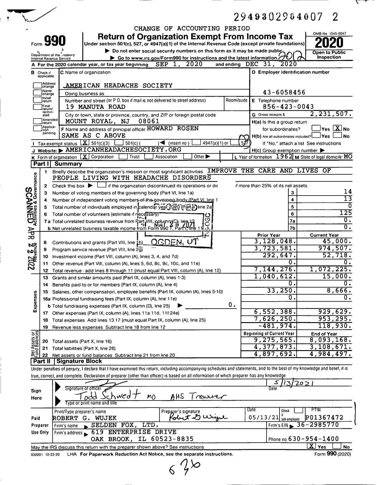 Image of first page of 2020 Form 990 for American Headache Society