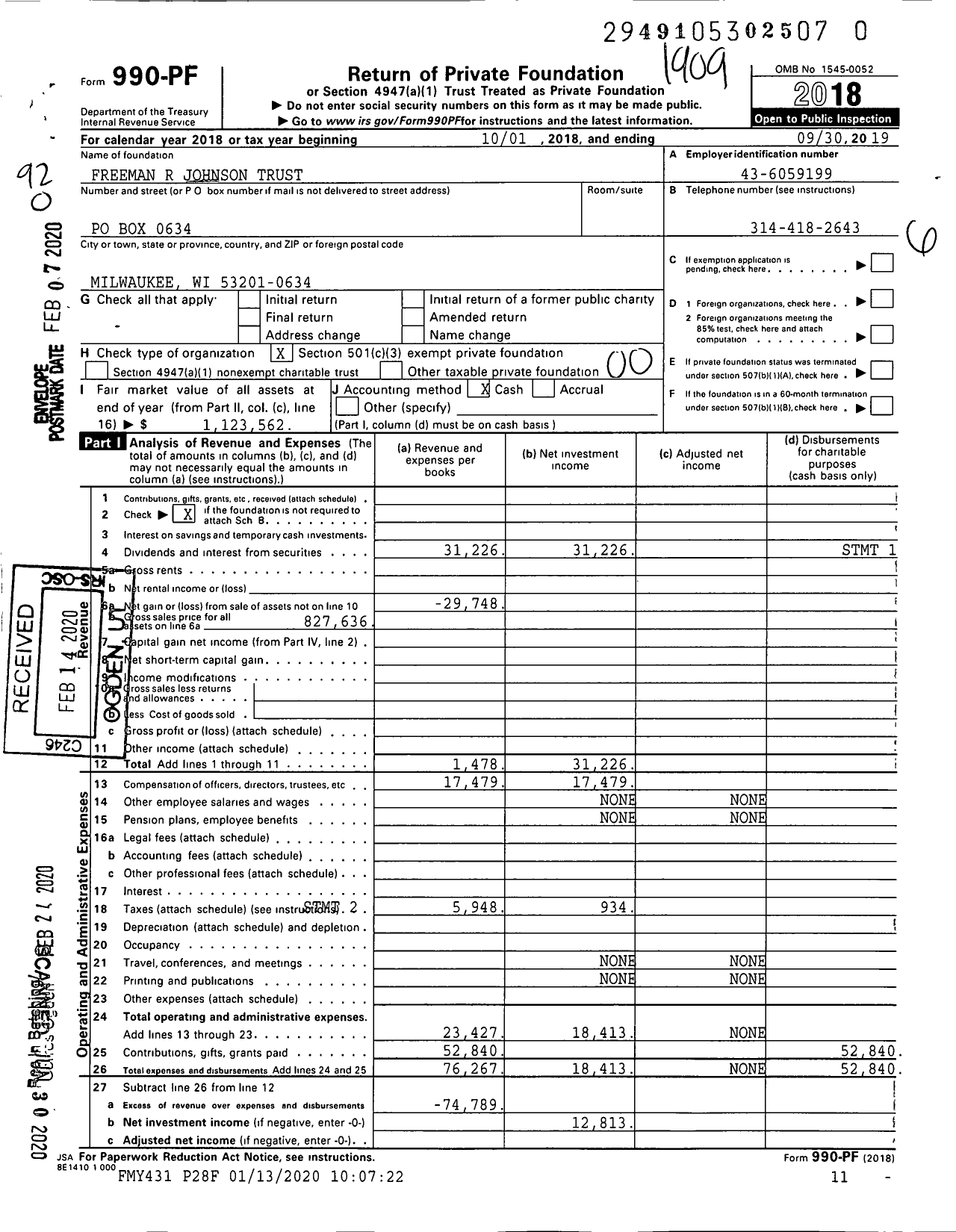 Image of first page of 2018 Form 990PR for Freeman R Johnson Trust