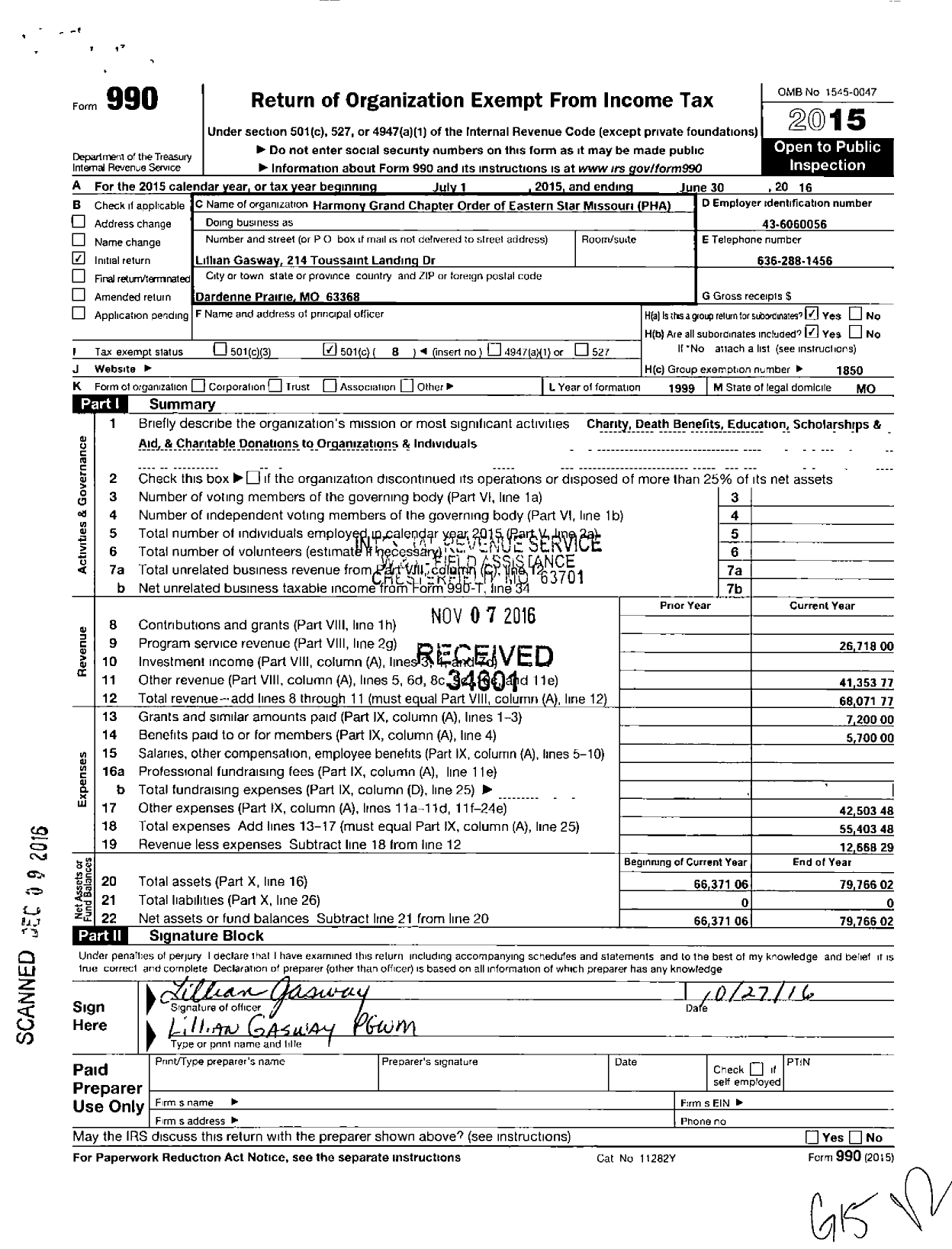 Image of first page of 2015 Form 990O for Harmony Grand Chapter Order of Eastern Star Missouri Pha