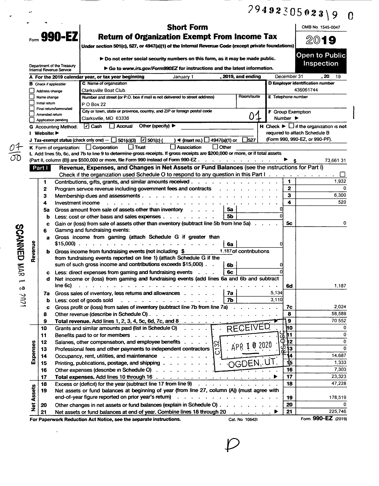 Image of first page of 2019 Form 990EO for Clarksville Boat Club