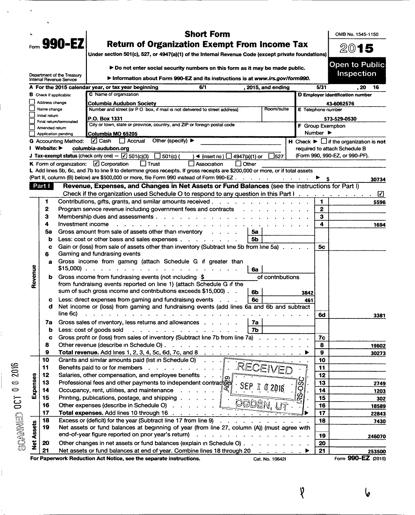 Image of first page of 2015 Form 990EZ for Columbia Audubon Society