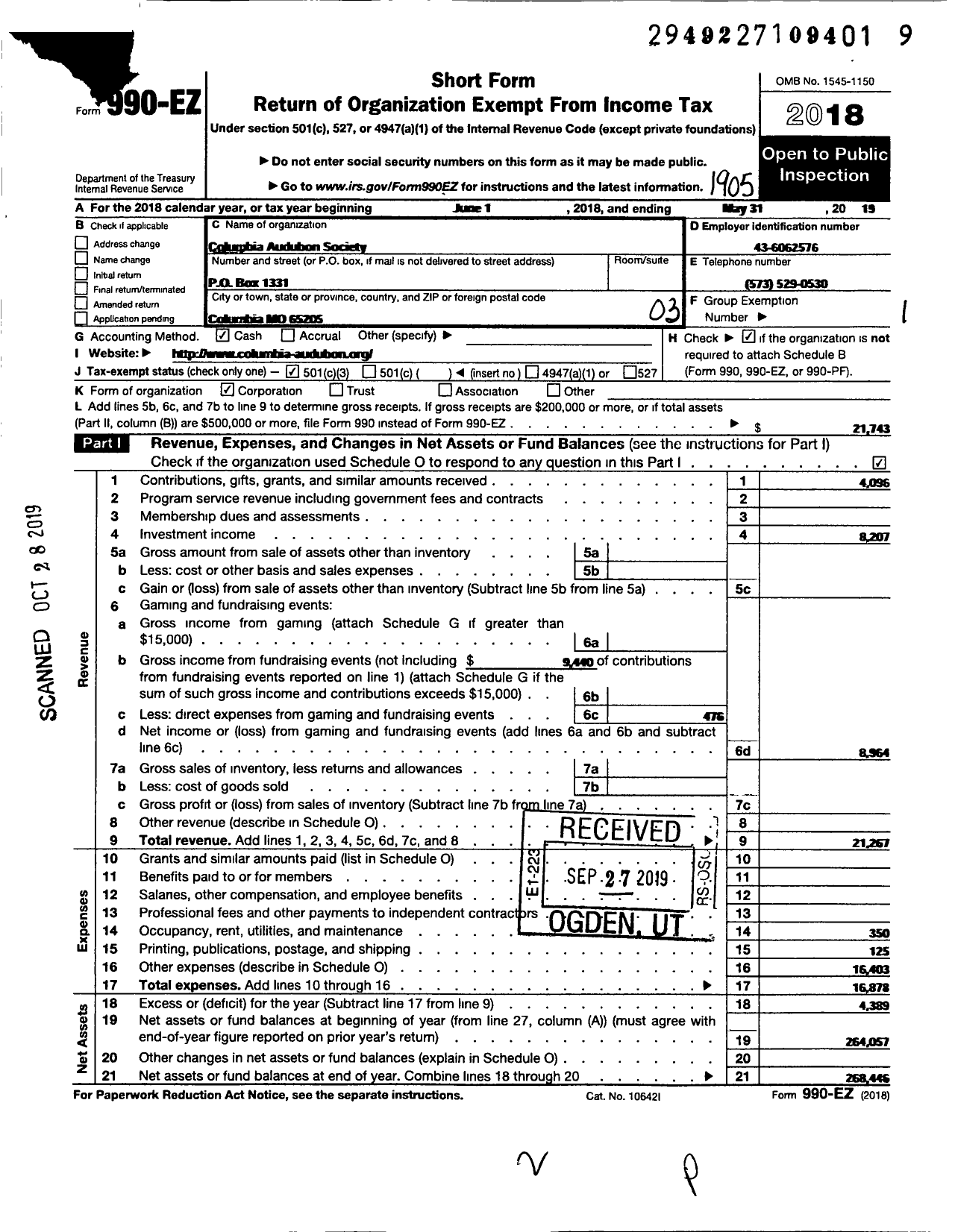 Image of first page of 2018 Form 990EZ for Columbia Audubon Society