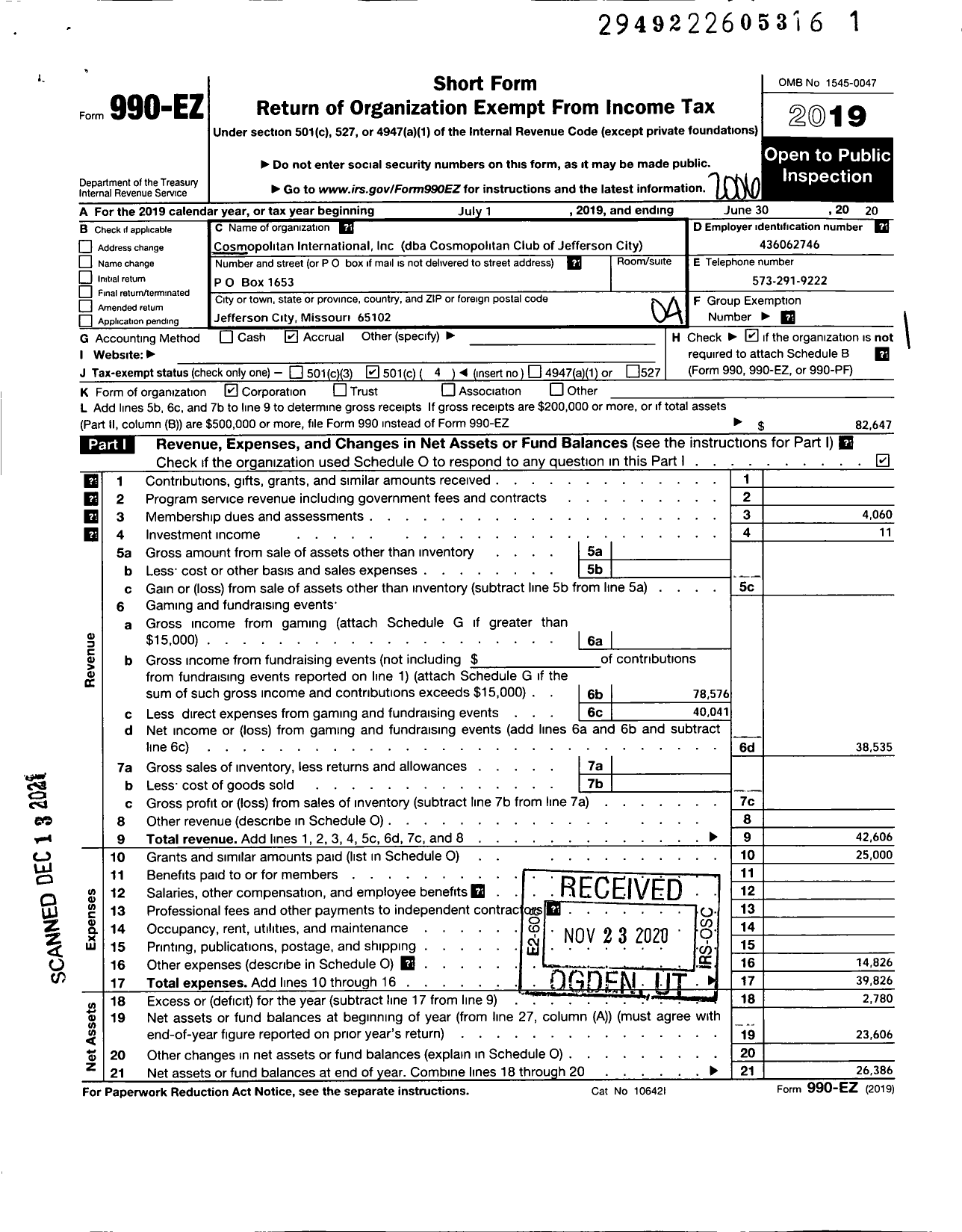 Image of first page of 2019 Form 990EO for Cosmopolitan INTERNATIONAL Cosmopolitan Club of Jefferson City