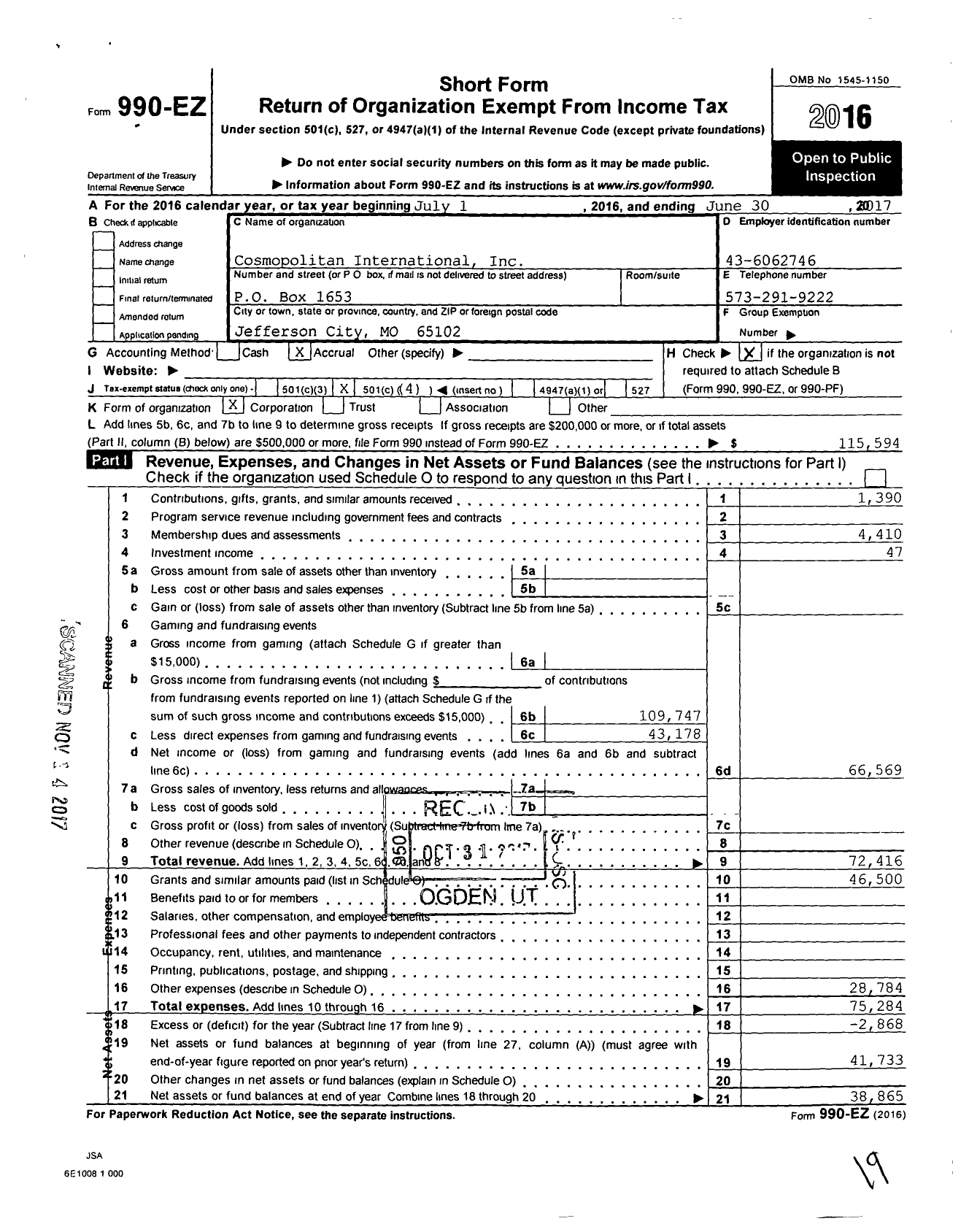 Image of first page of 2016 Form 990EO for Cosmopolitan INTERNATIONAL Cosmopolitan Club of Jefferson City