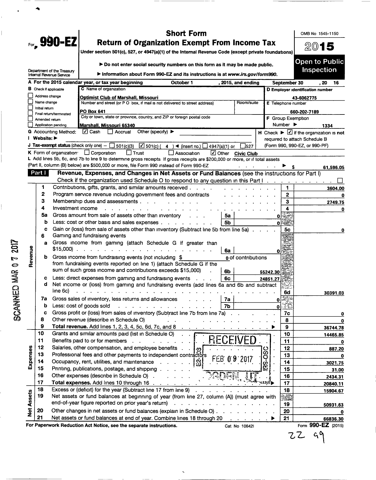 Image of first page of 2015 Form 990EO for Optimist International - 36260 Oc of Marshall Mo