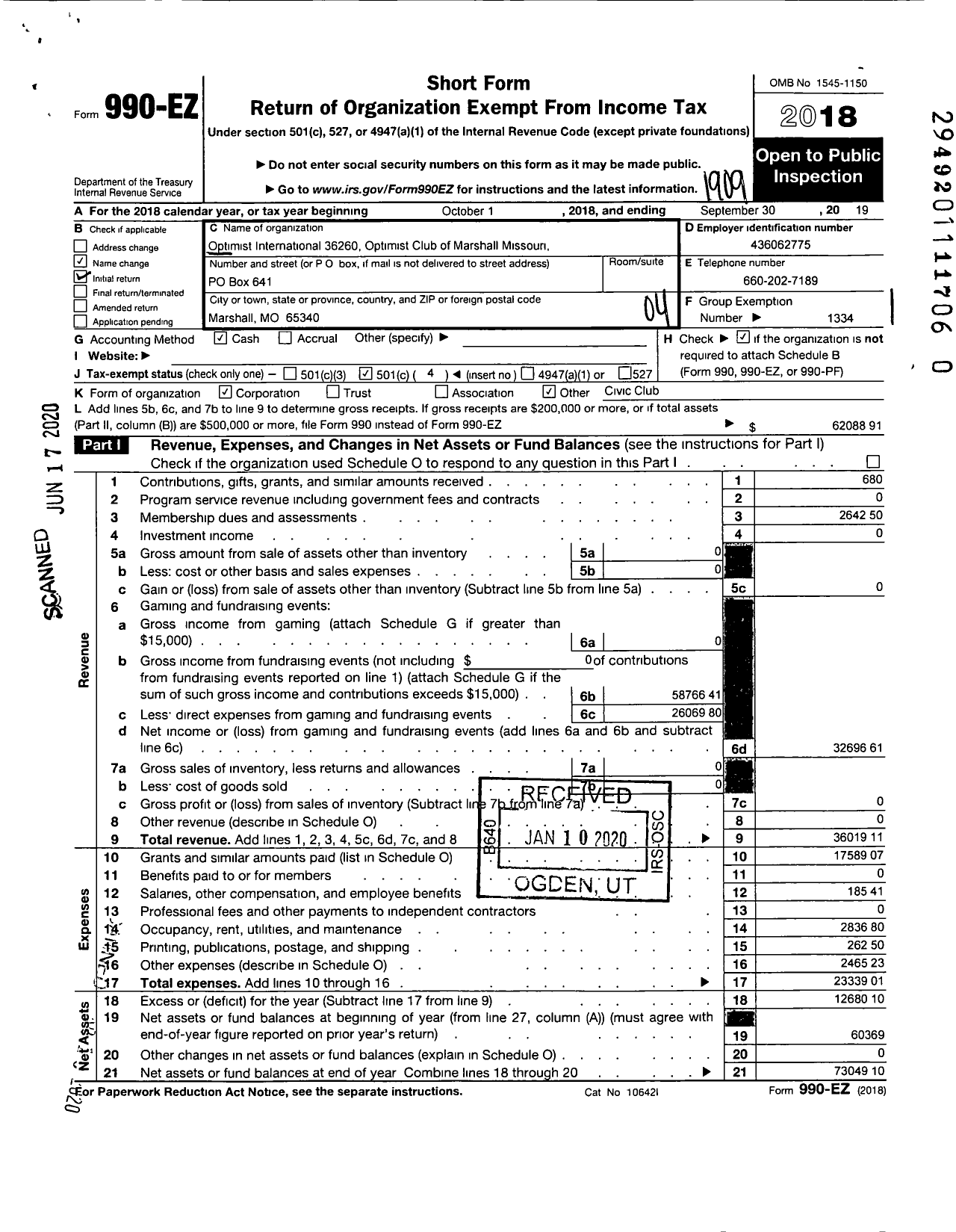 Image of first page of 2018 Form 990EO for Optimist International - 36260 Oc of Marshall Mo