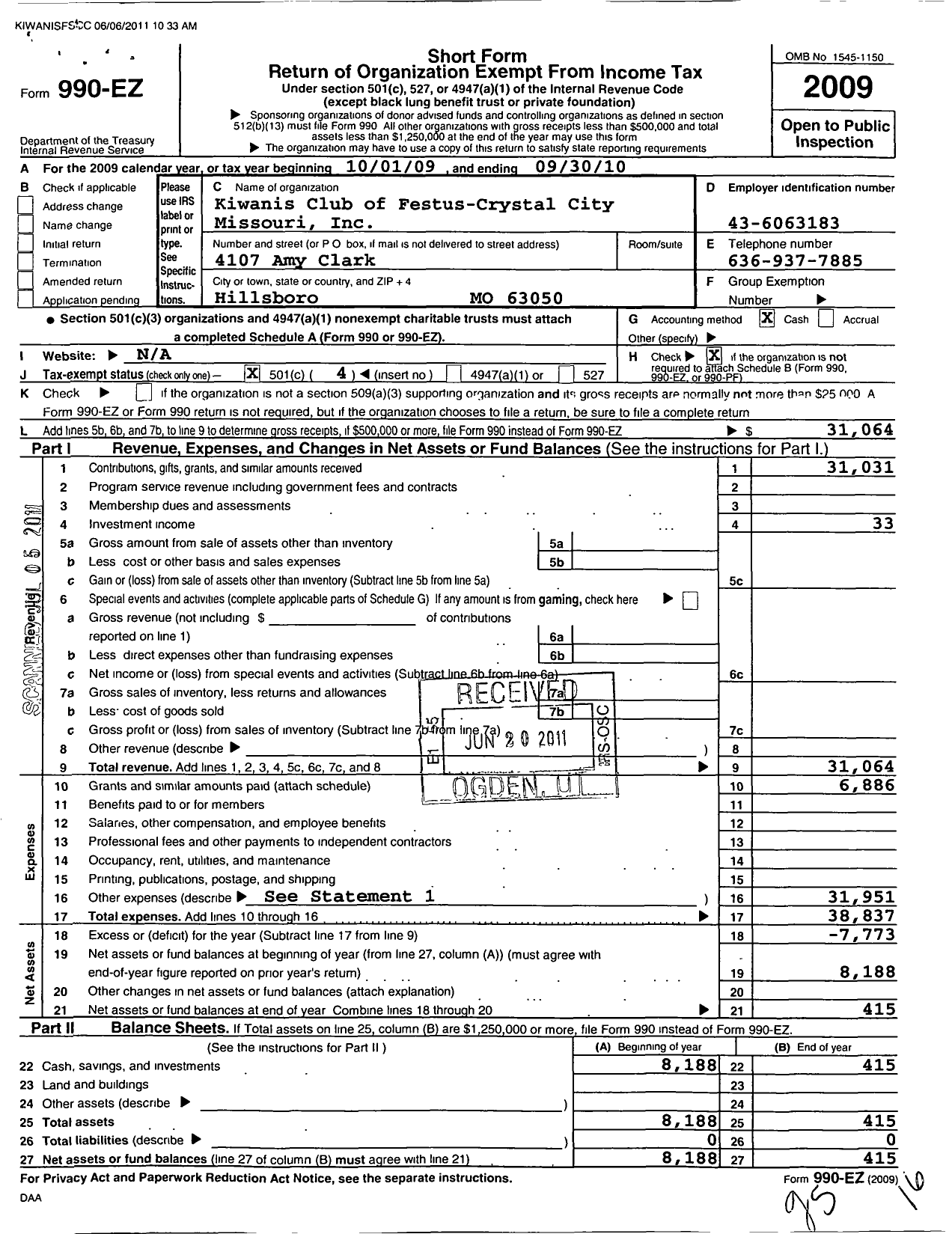 Image of first page of 2009 Form 990EO for Kiwanis International - K05759 Festus-Crystal City