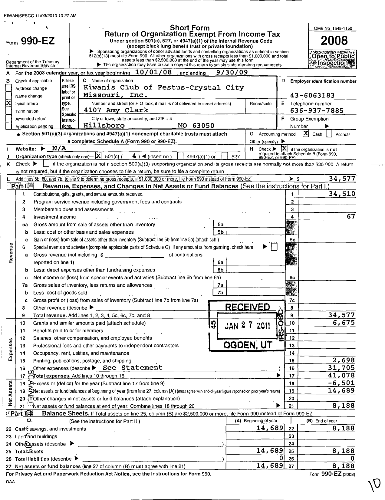 Image of first page of 2008 Form 990EO for Kiwanis International - K05759 Festus-Crystal City