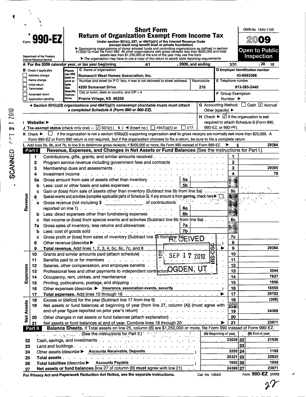 Image of first page of 2009 Form 990EO for Romanelli West Homes Association