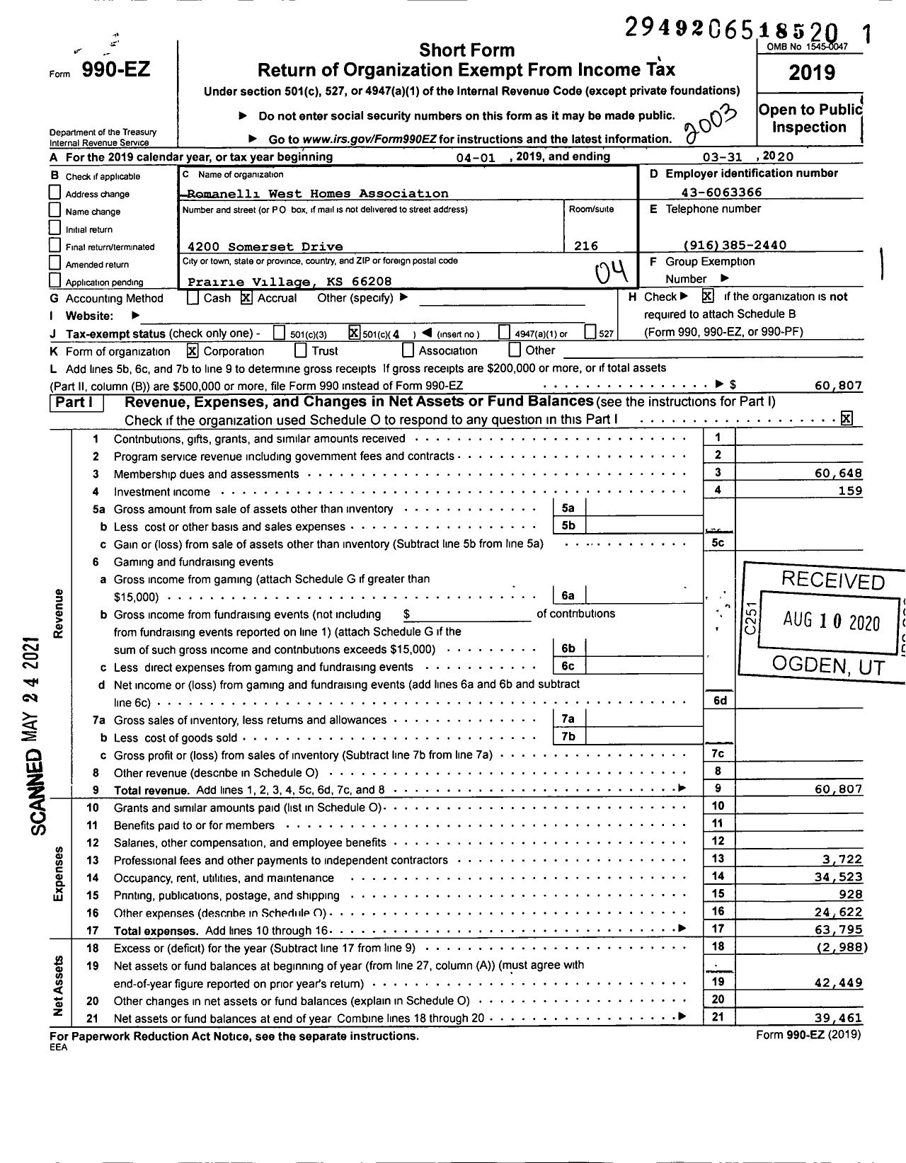 Image of first page of 2019 Form 990EO for Romanelli West Homes Association