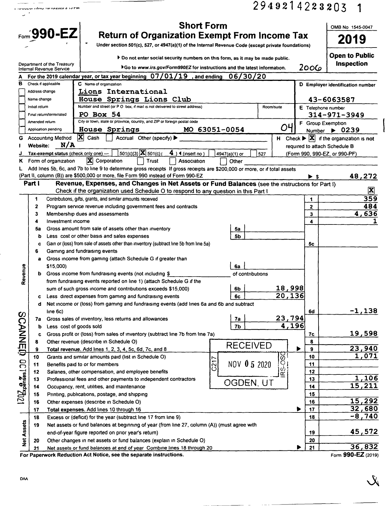 Image of first page of 2019 Form 990EO for Lions Clubs - 9873 House Springs