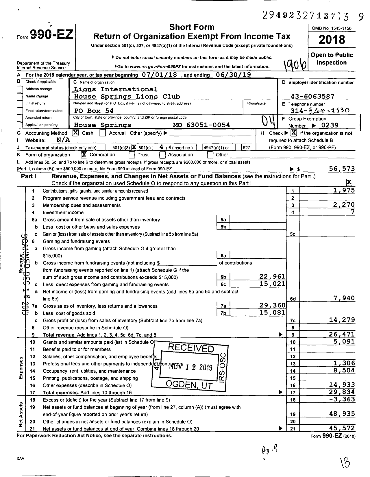 Image of first page of 2018 Form 990EO for Lions Clubs - 9873 House Springs