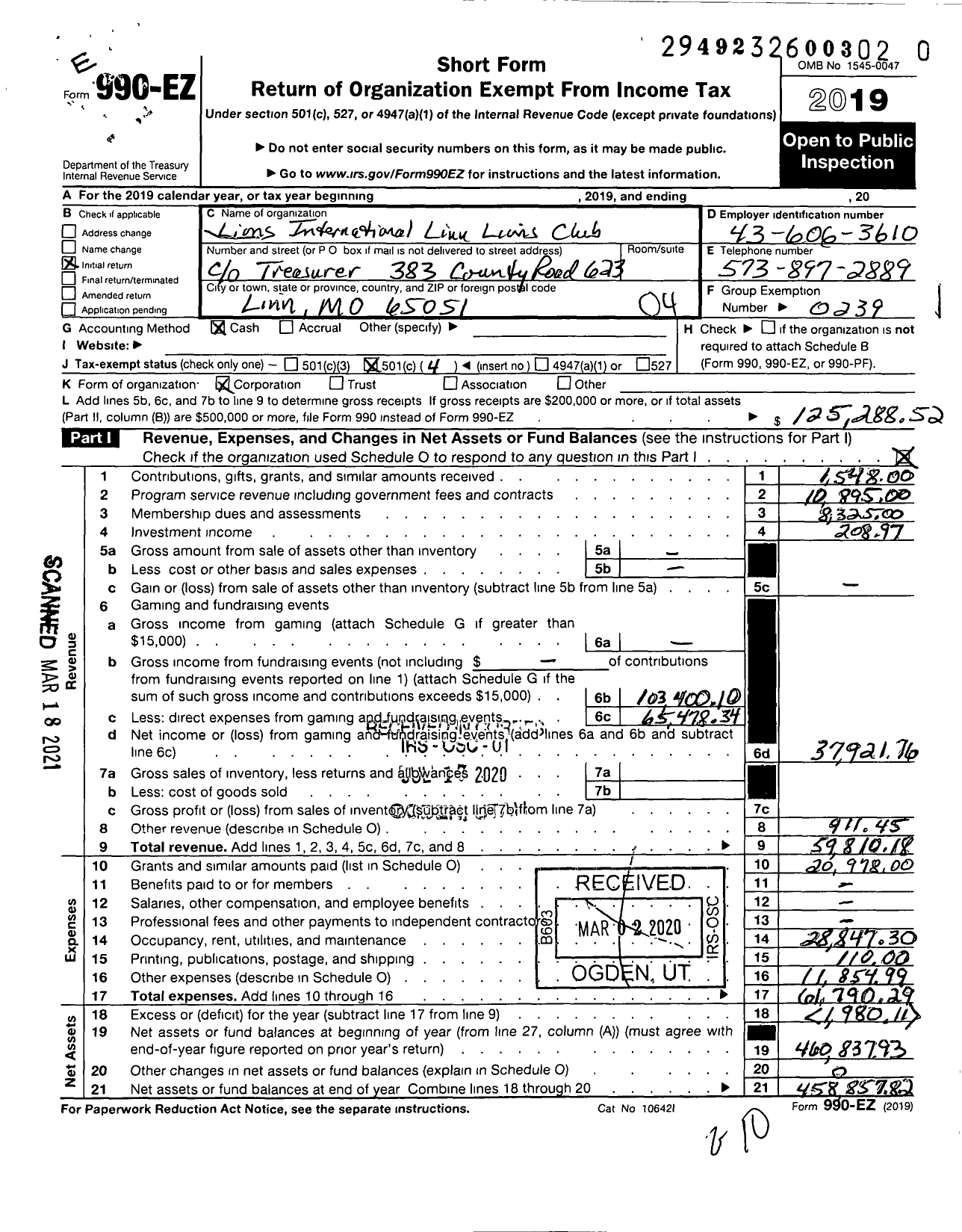 Image of first page of 2019 Form 990EO for Lions Clubs - 9945 Linn