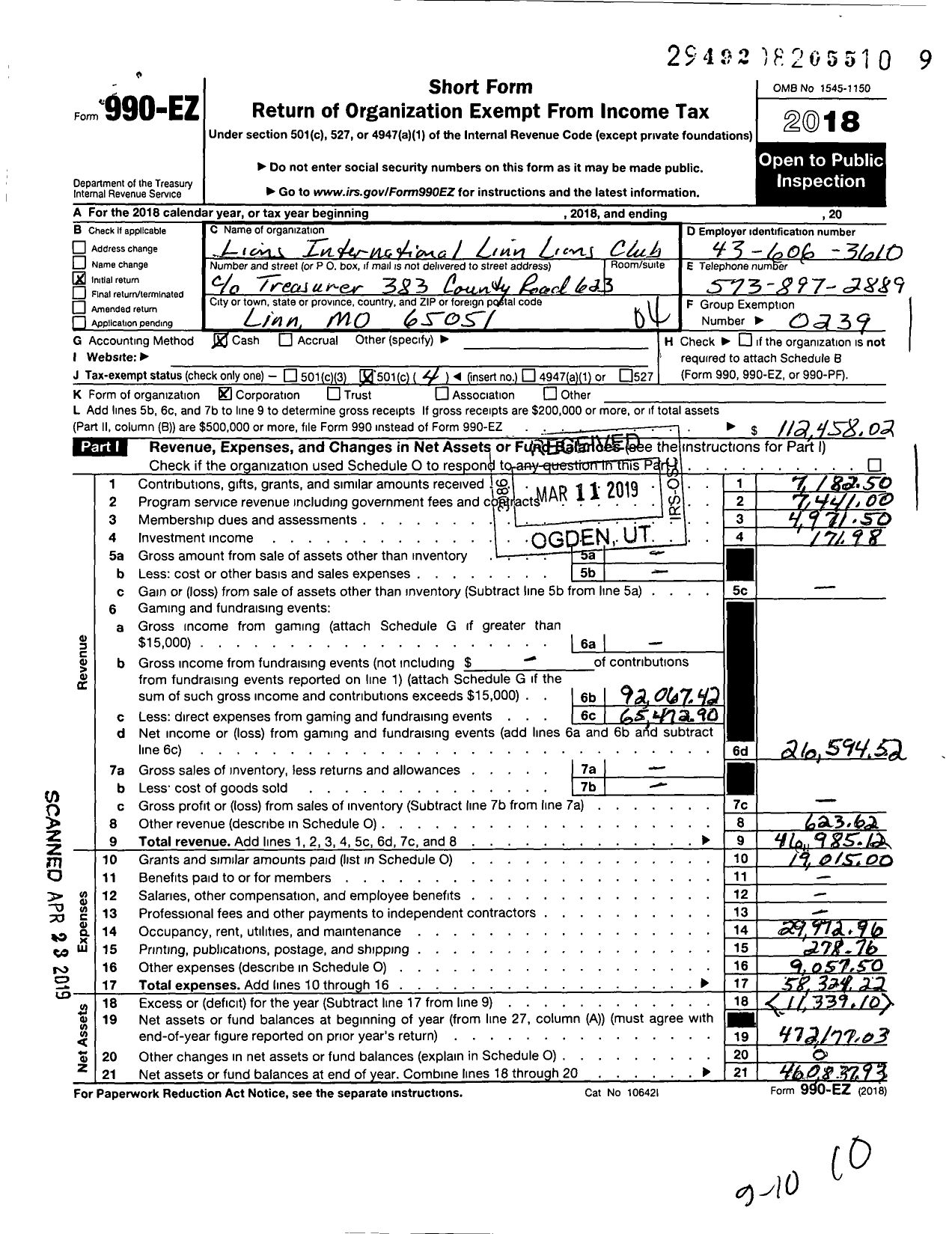 Image of first page of 2018 Form 990EO for Lions Clubs - 9945 Linn