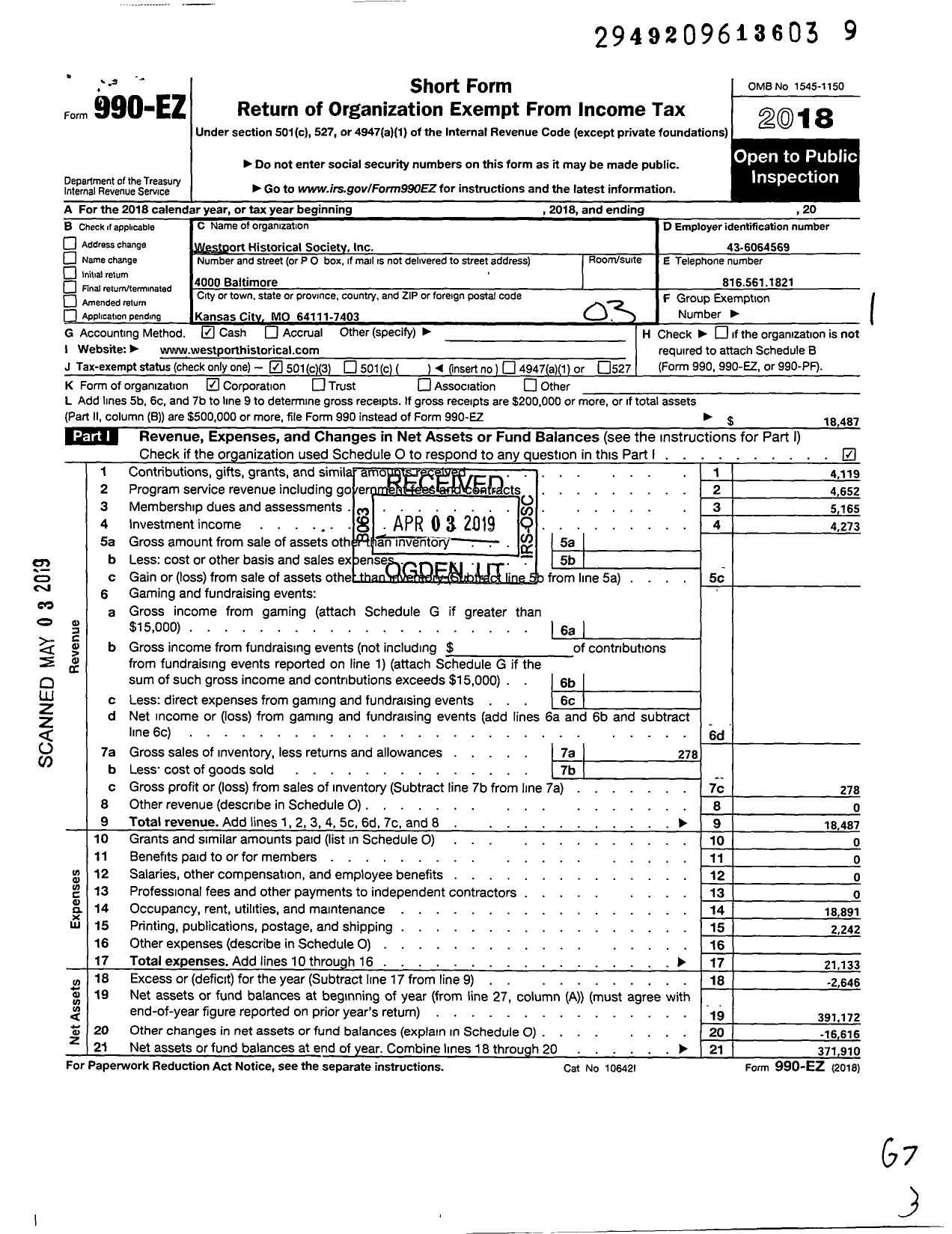 Image of first page of 2018 Form 990EZ for Westport Historical Society