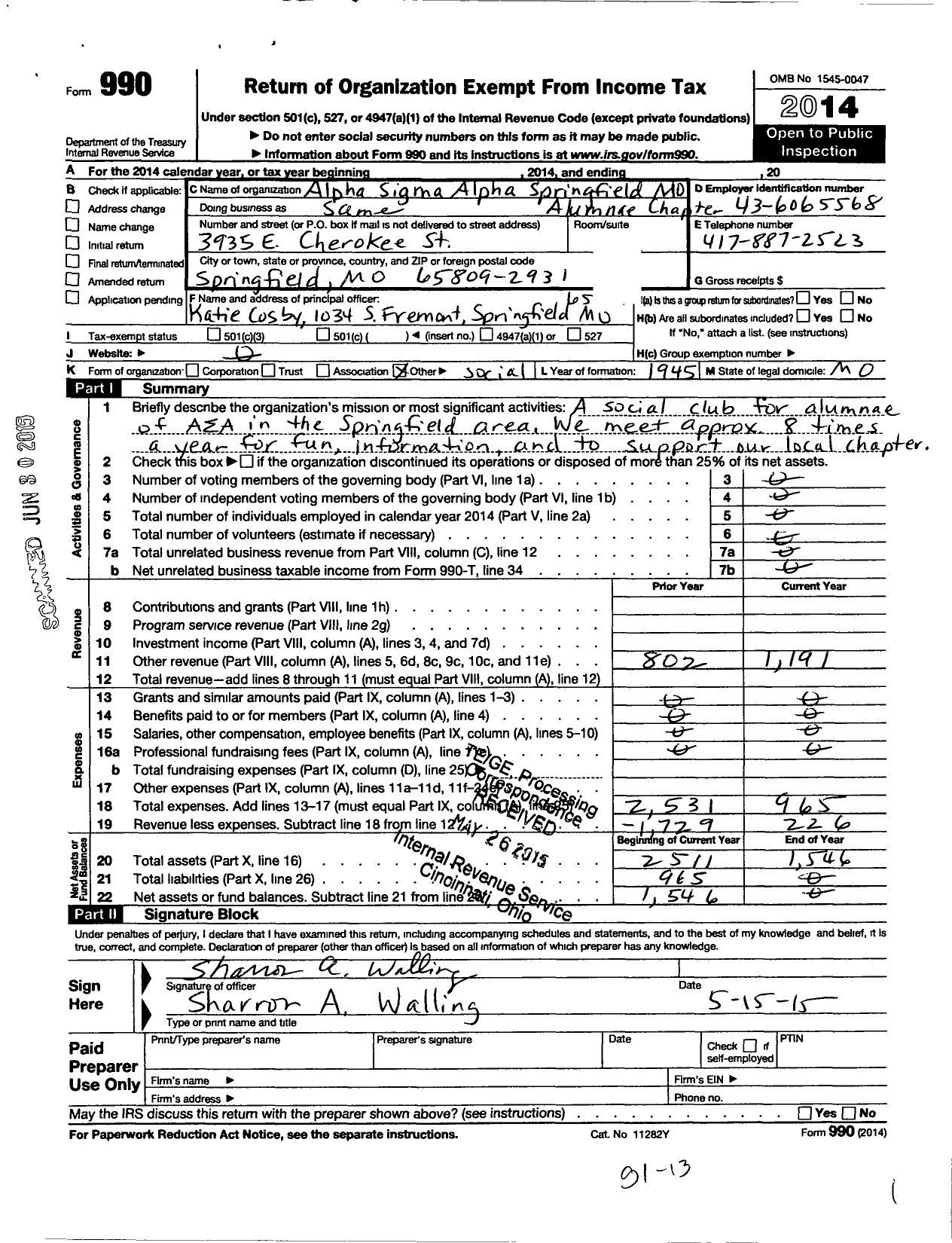 Image of first page of 2014 Form 990O for Alpha Sigma Alpha Sorority / Springfield Alumnae Chapter