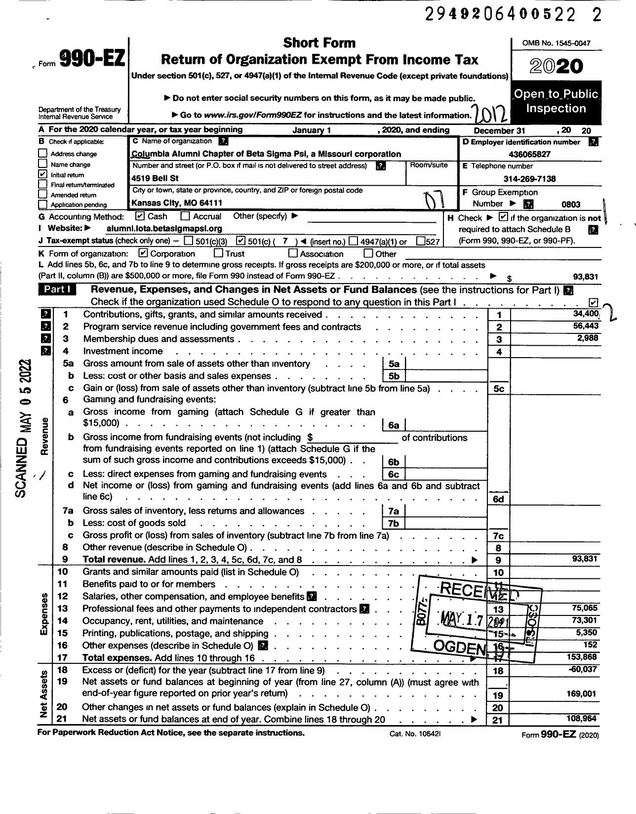 Image of first page of 2020 Form 990EO for Columbia Alumni Chapter of Beta Sigma Psi A Mo Corporation