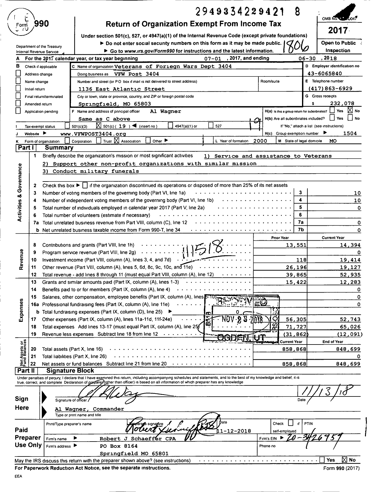 Image of first page of 2017 Form 990O for VFW Missouri - VFW Post 3404