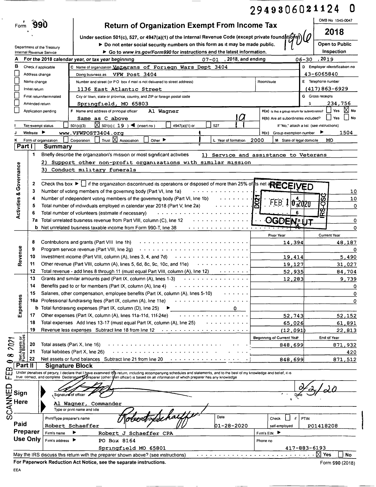 Image of first page of 2018 Form 990O for VFW Missouri - VFW Post 3404