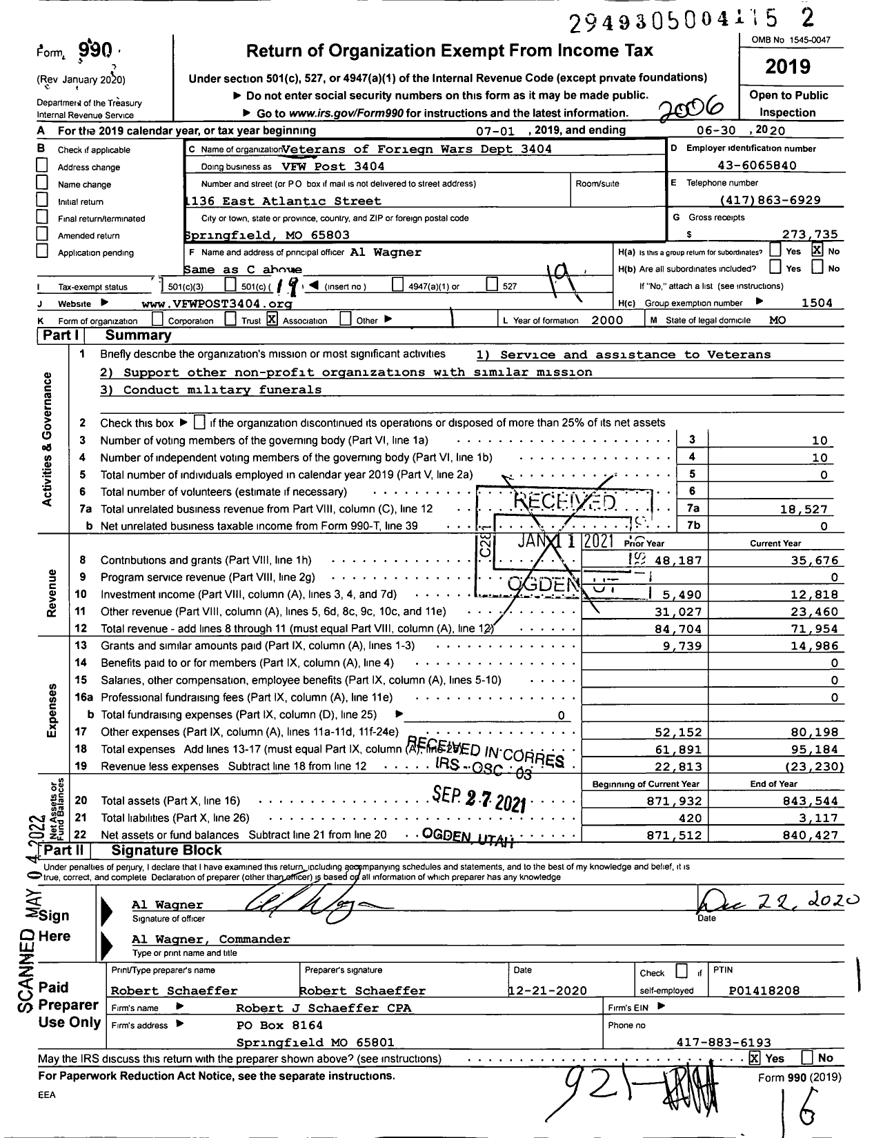 Image of first page of 2019 Form 990O for VFW Missouri - VFW Post 3404