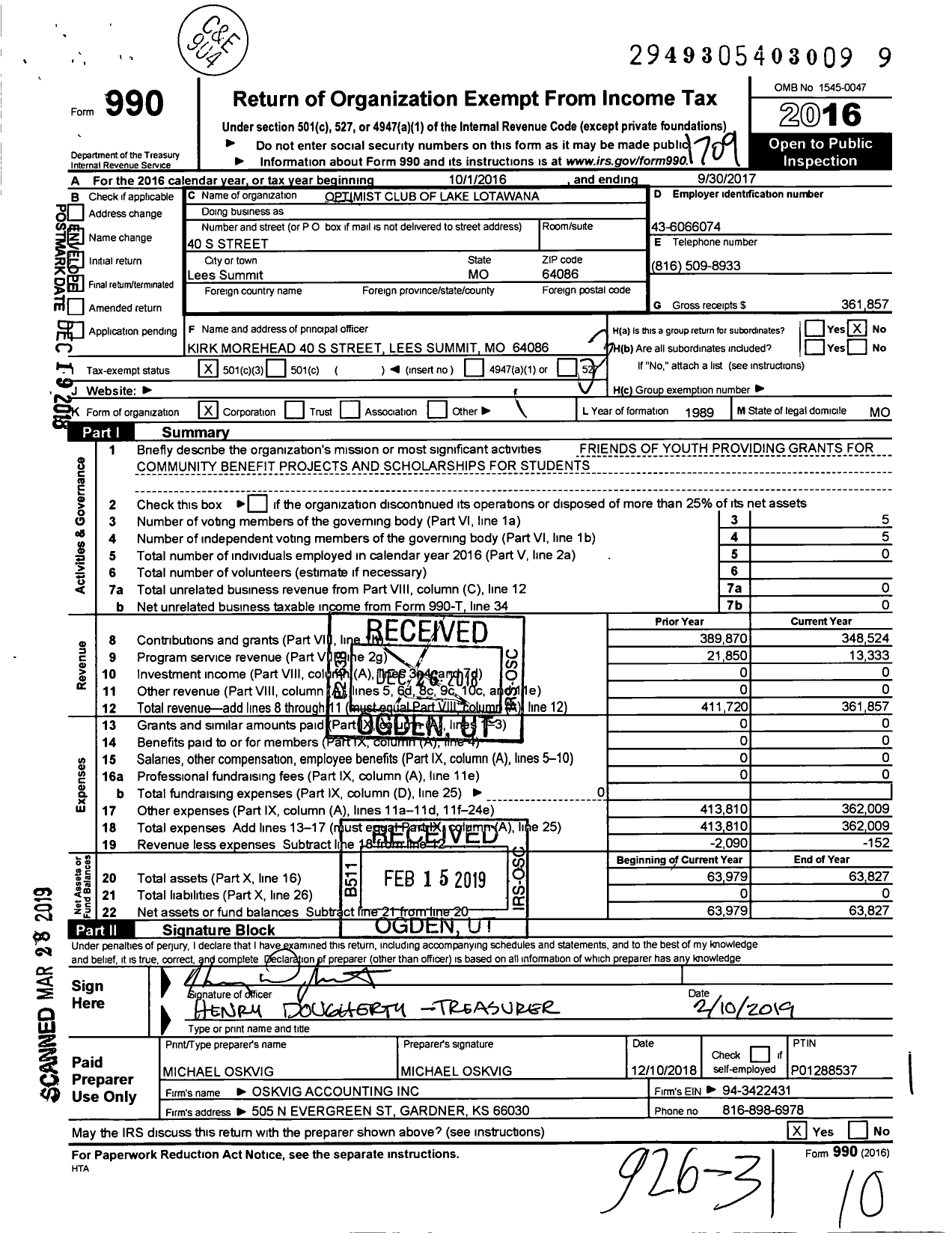 Image of first page of 2016 Form 990 for Optimist International