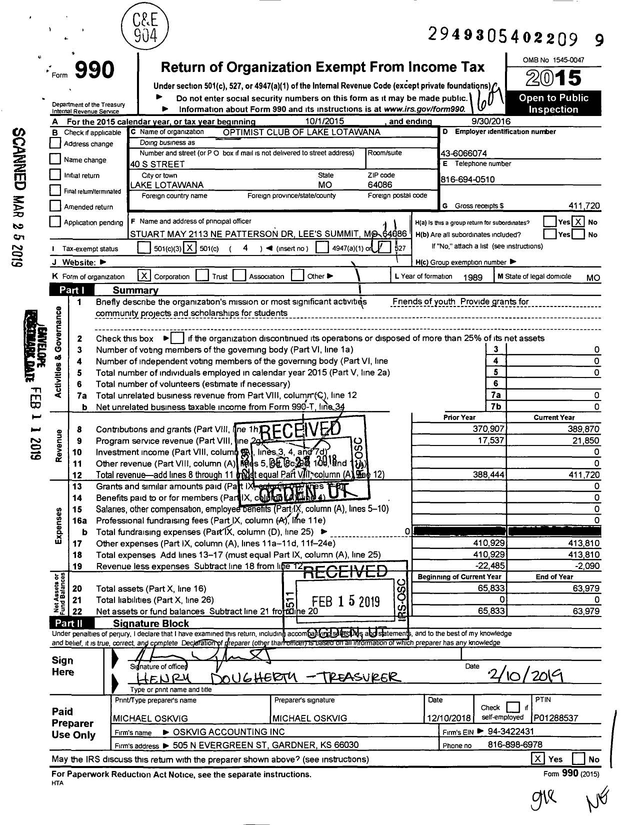 Image of first page of 2015 Form 990O for Optimist International