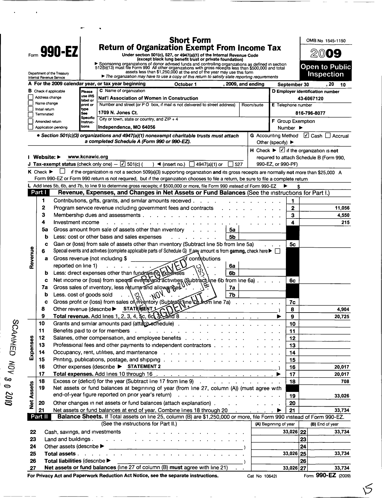 Image of first page of 2009 Form 990EO for National Association of Women in Construction - 100 Greater Kansas City