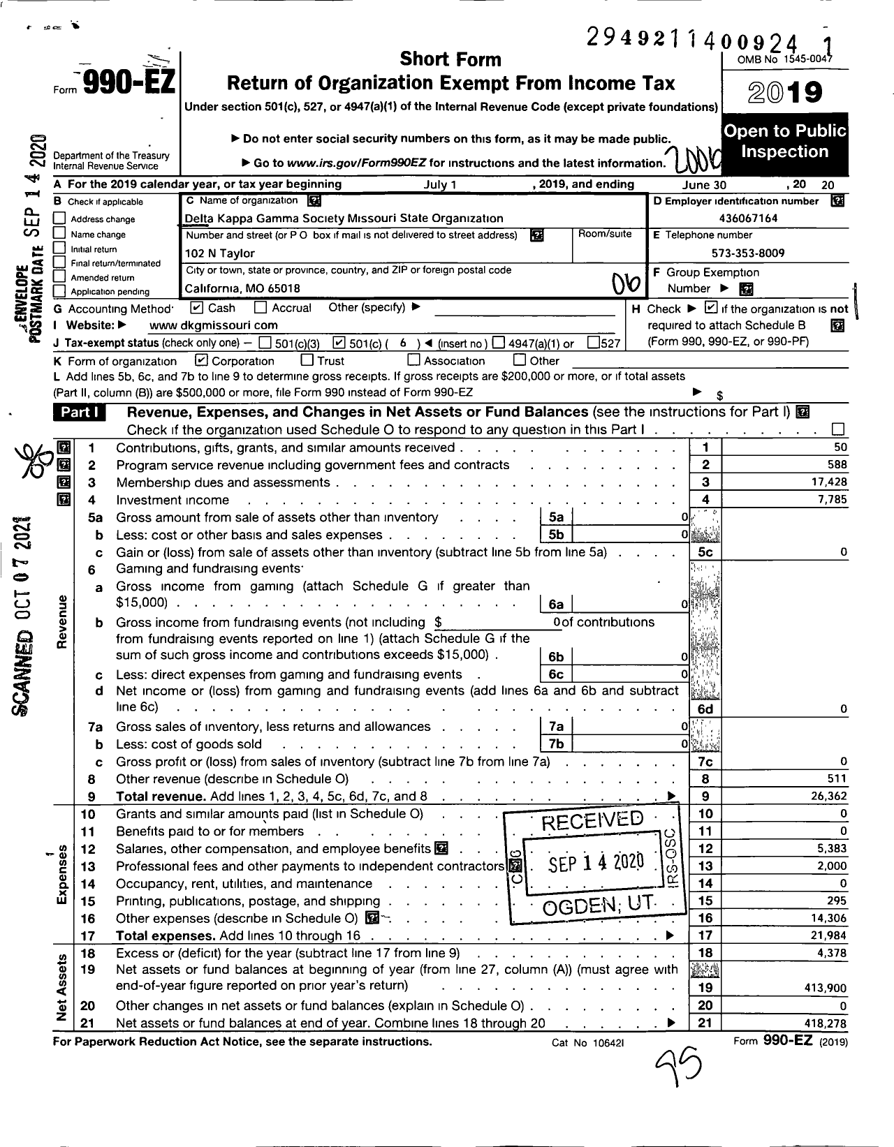 Image of first page of 2019 Form 990EO for Delta Kappa Gamma Society - Missouri State Organization