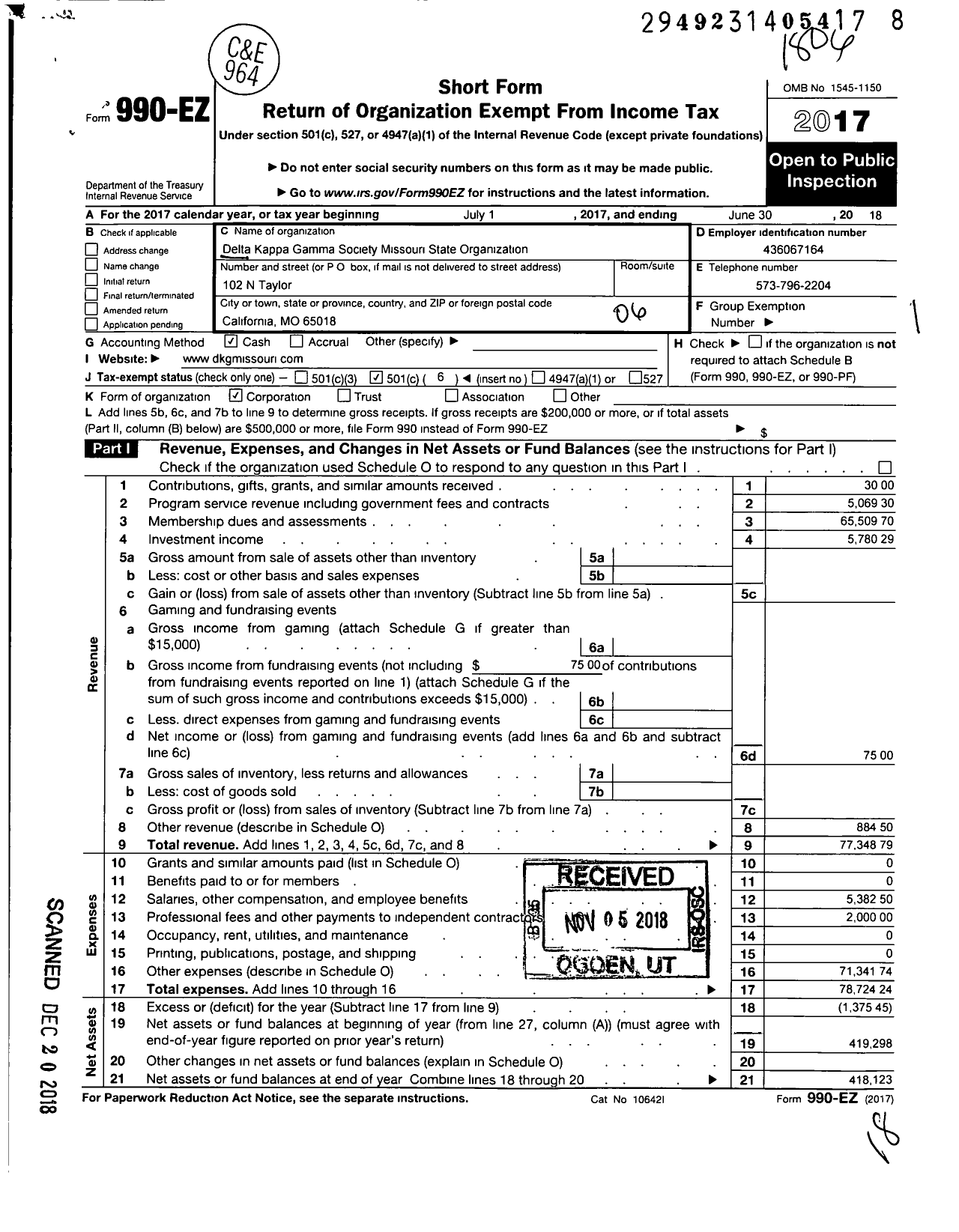 Image of first page of 2017 Form 990EO for Delta Kappa Gamma Society - Missouri State Organization