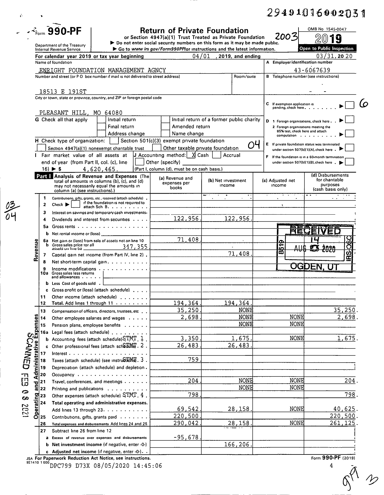 Image of first page of 2019 Form 990PF for Enright Foundation Management Agncy