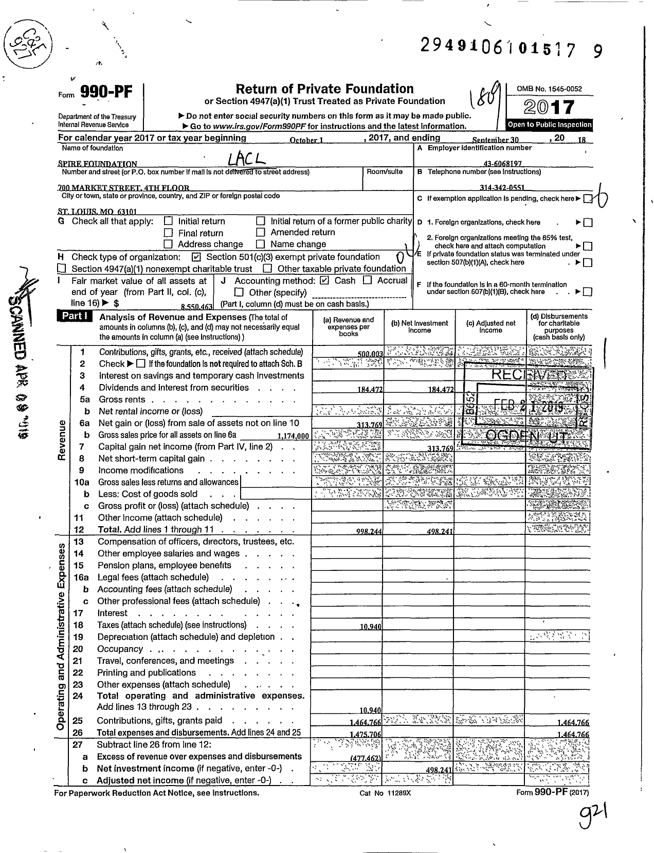 Image of first page of 2017 Form 990PF for Spire Foundation