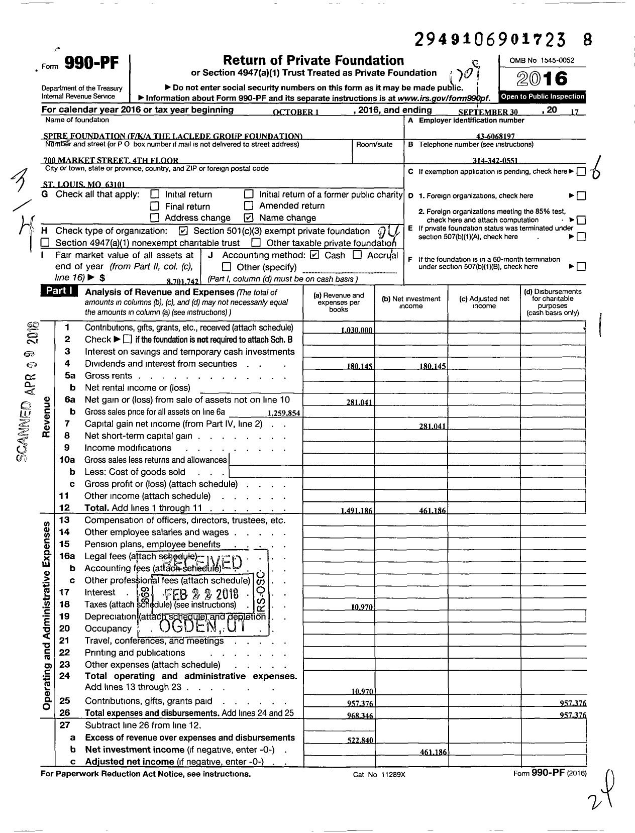 Image of first page of 2016 Form 990PF for Spire Foundation