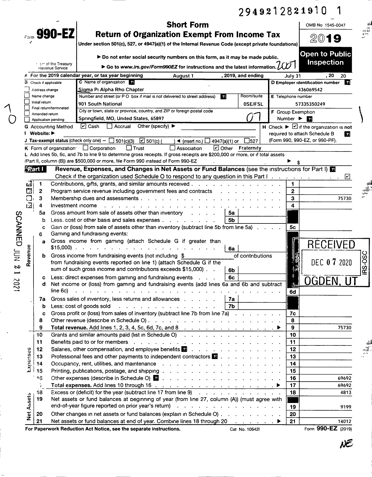 Image of first page of 2019 Form 990EO for Sigma Pi Fraternity Alpha-Rho
