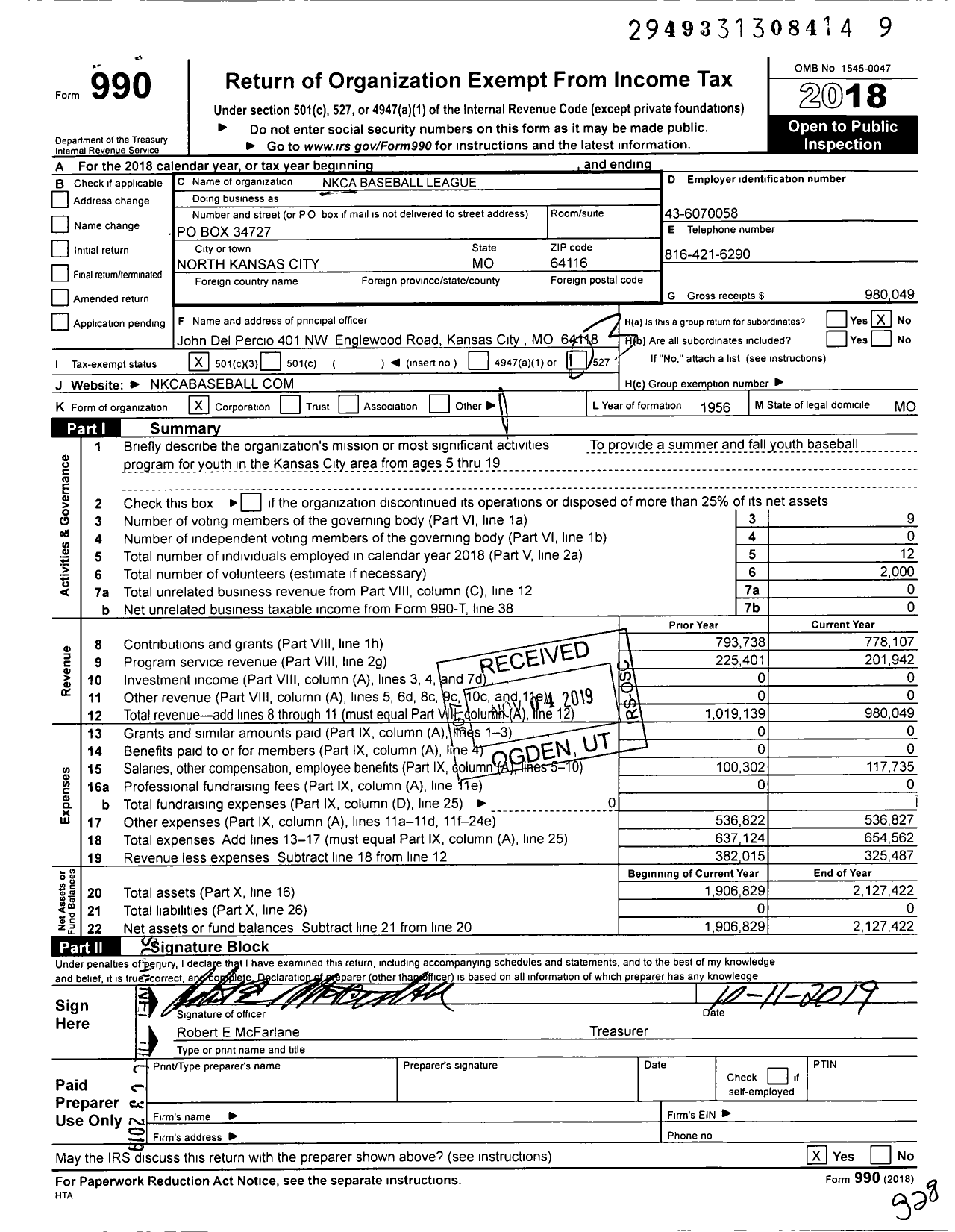 Image of first page of 2018 Form 990 for Nkca Baseball League