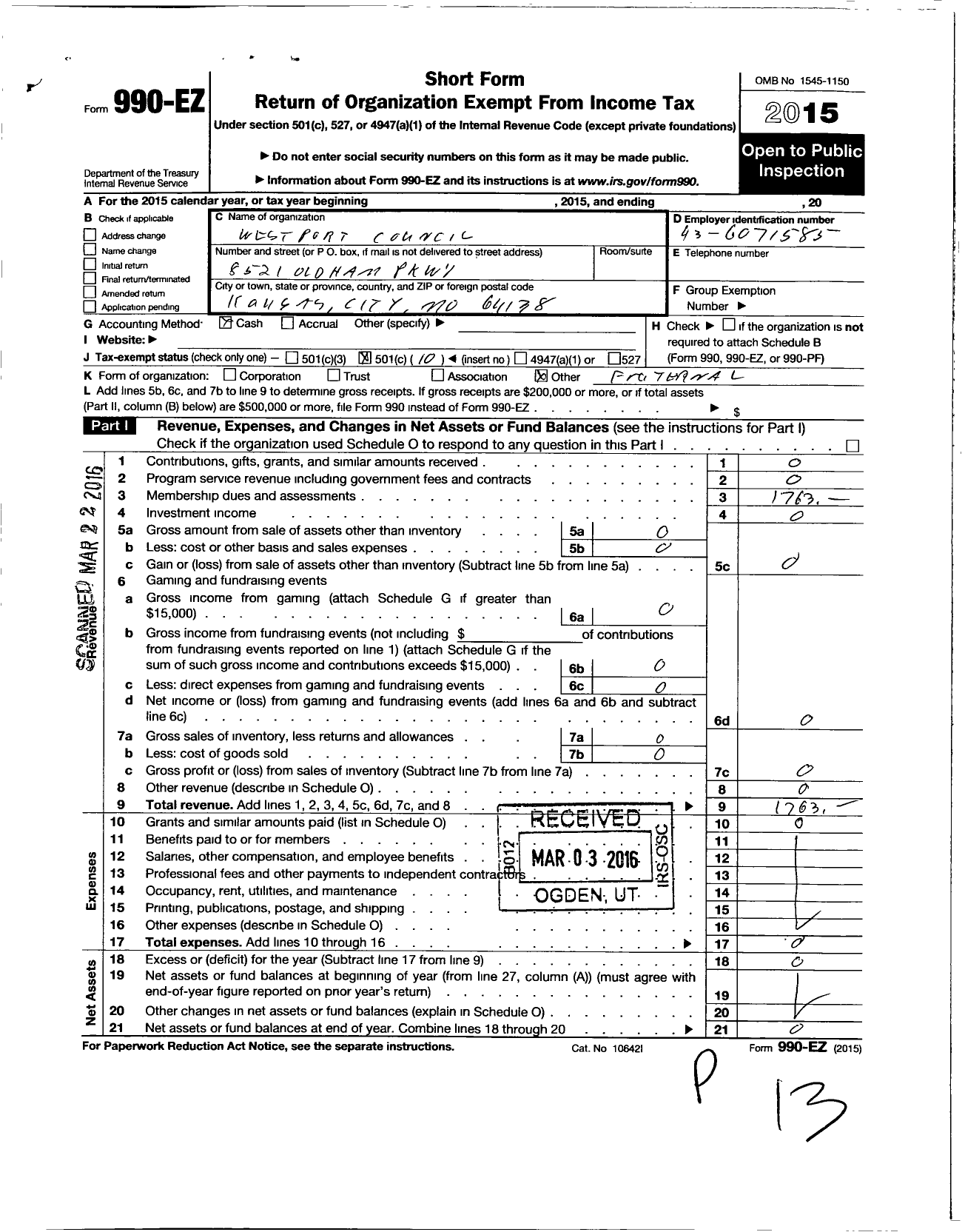 Image of first page of 2015 Form 990EO for Royal and Select Masters of Missouri - 38 Westport