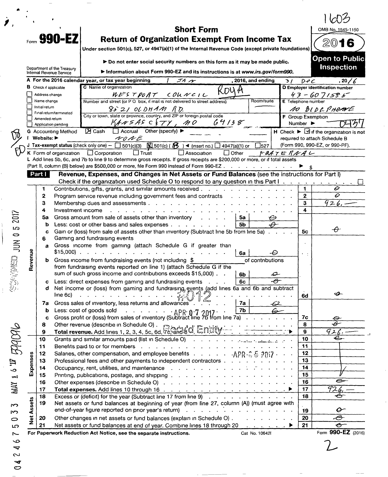 Image of first page of 2016 Form 990EO for Royal and Select Masters of Missouri - 38 Westport