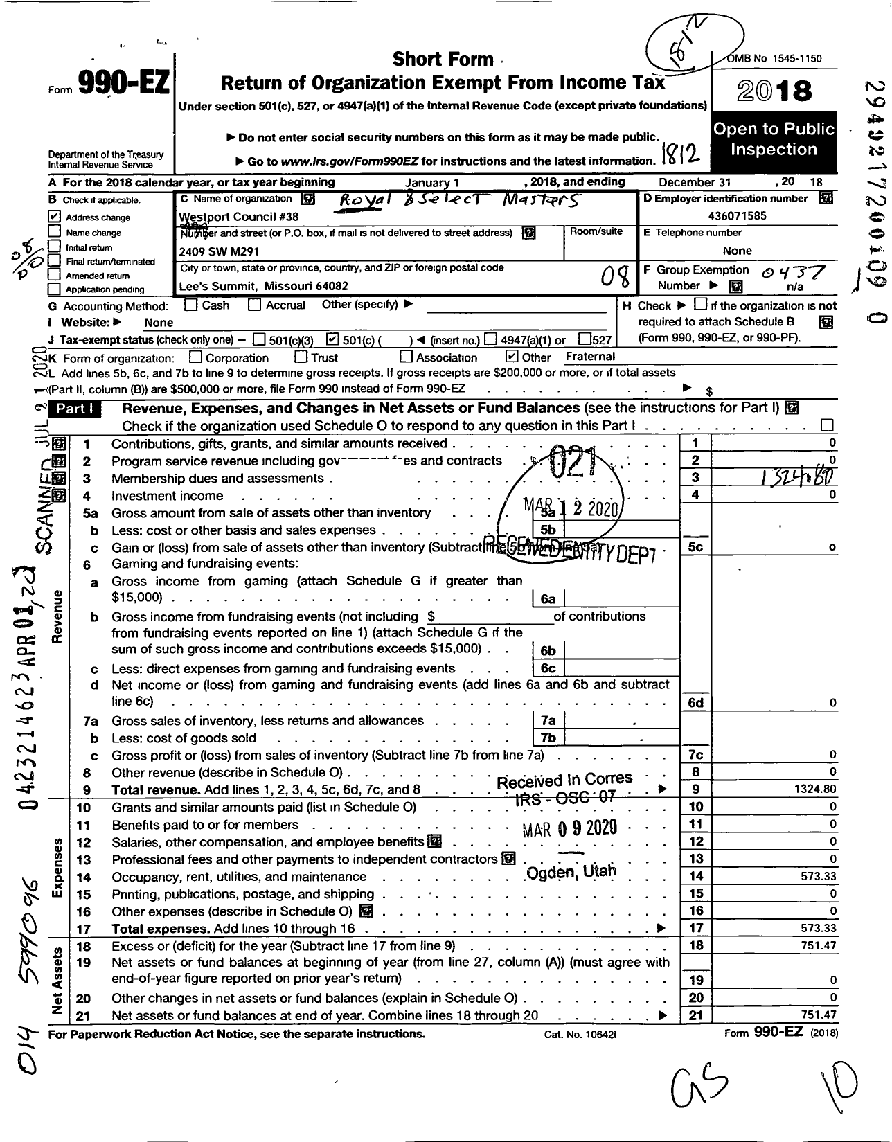 Image of first page of 2018 Form 990EO for Royal and Select Masters of Missouri - 38 Westport