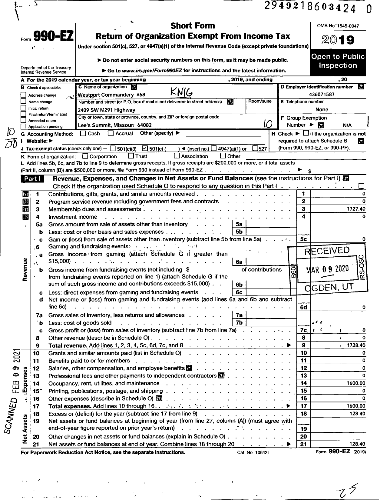 Image of first page of 2019 Form 990EO for Knights Templar - 68 Westport Commandery