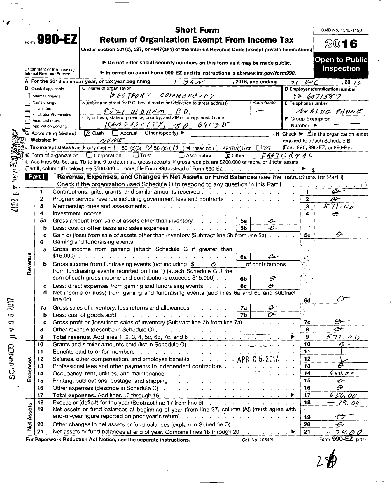 Image of first page of 2016 Form 990EO for Knights Templar - 68 Westport Commandery