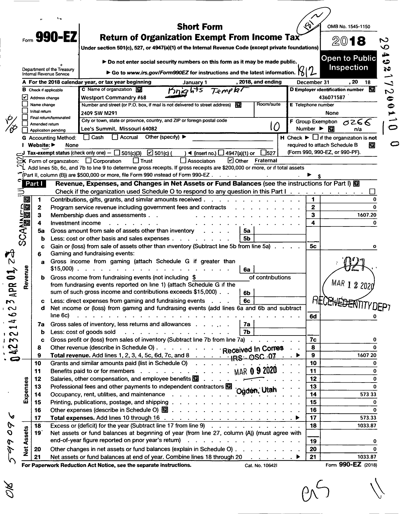 Image of first page of 2018 Form 990EO for Knights Templar - 68 Westport Commandery