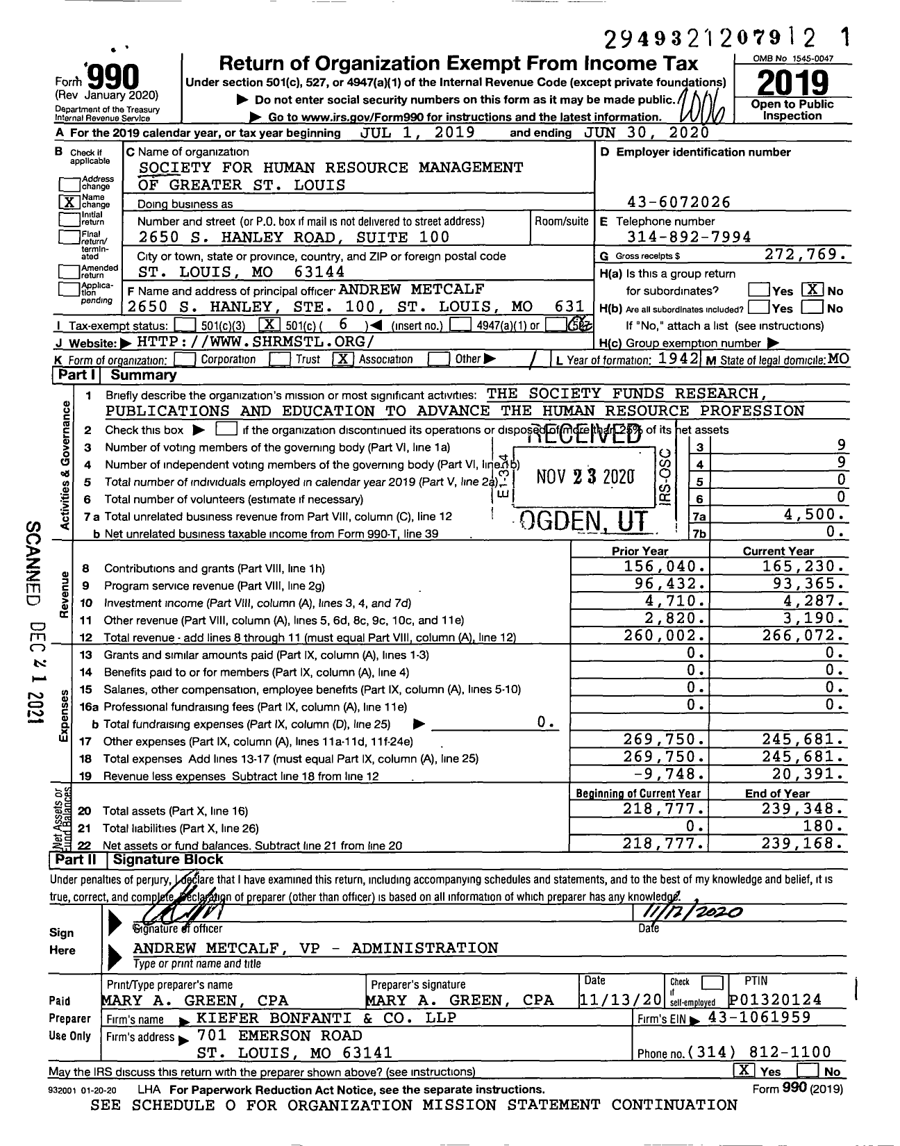 Image of first page of 2019 Form 990O for Society for Human Resource Management of Greater St Louis