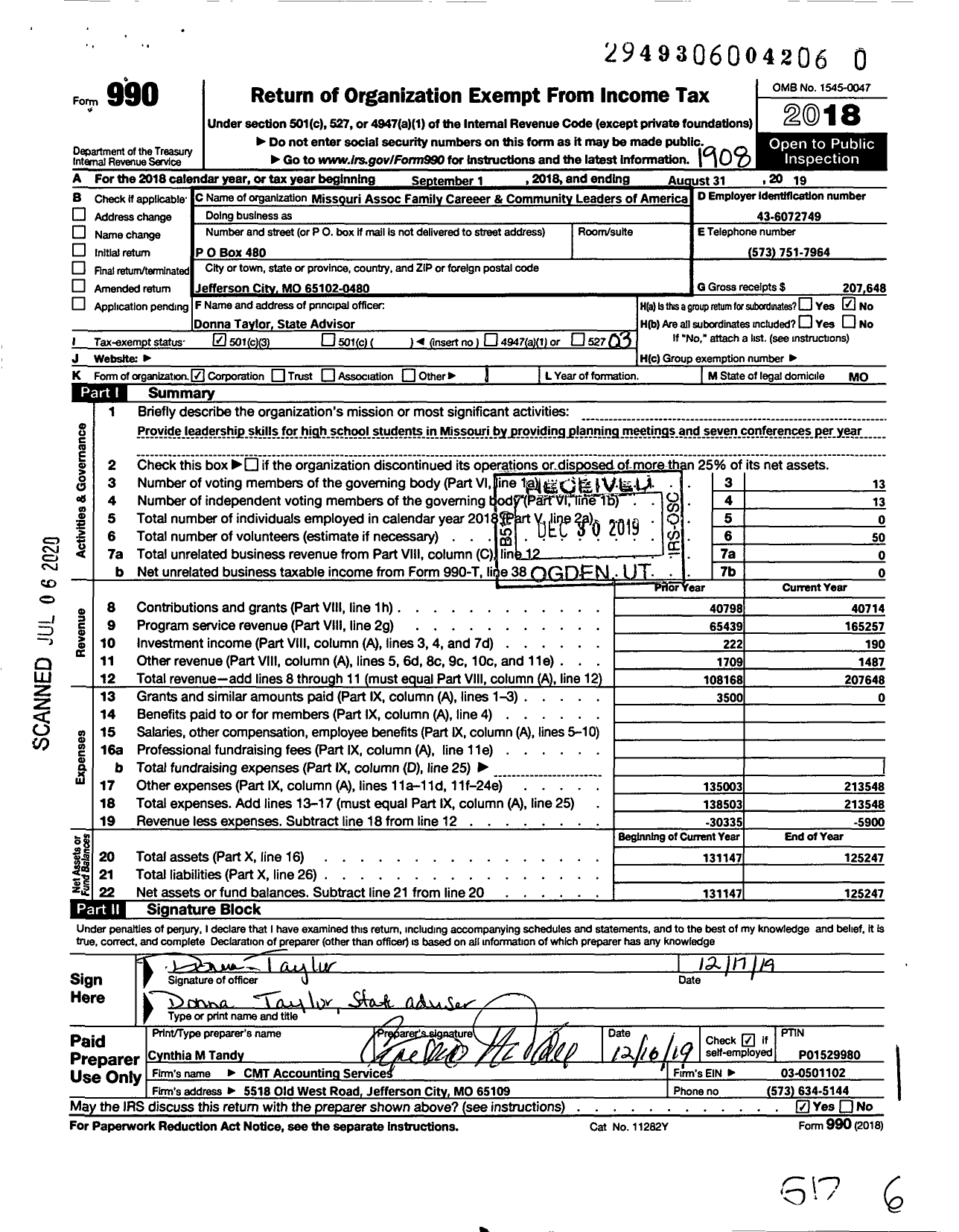 Image of first page of 2018 Form 990 for FAMILY CAREER AND COMMUnITY LEADERS OF AMERICA / Missouri Association