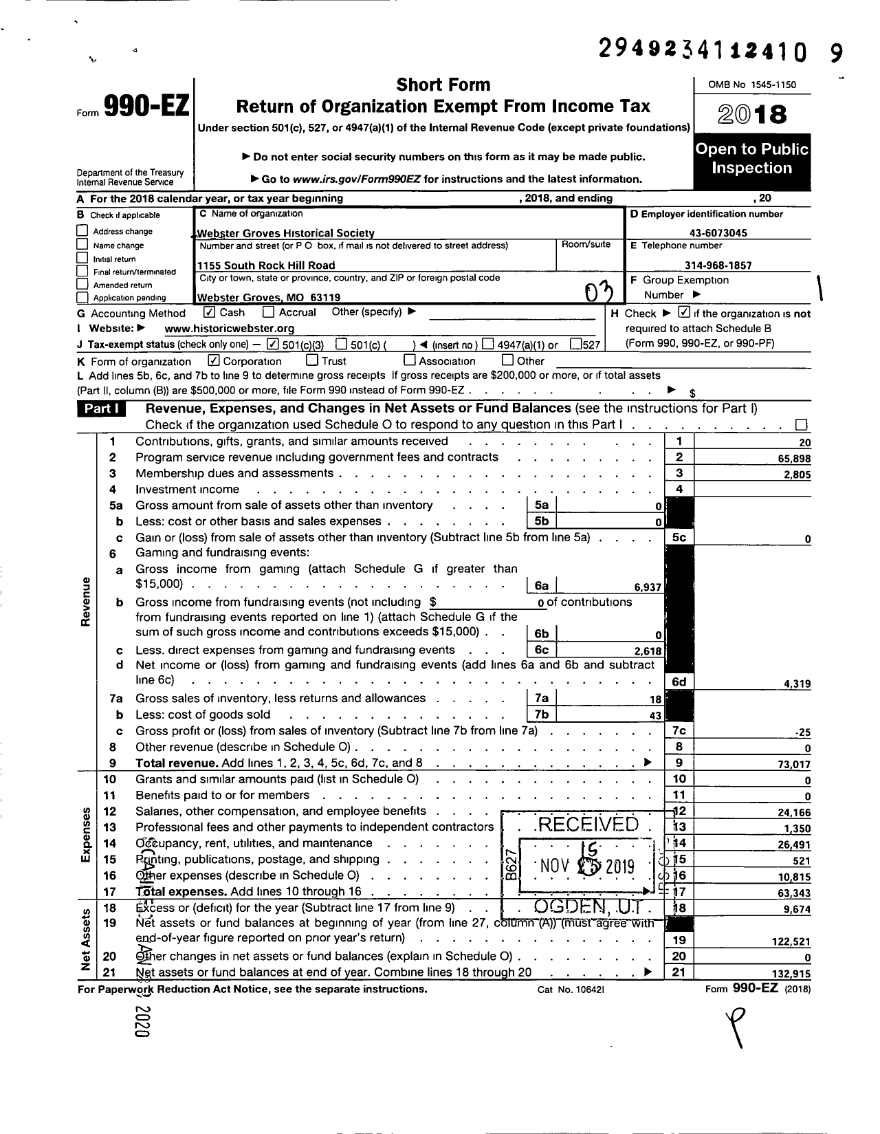 Image of first page of 2018 Form 990EZ for Webster Groves Historical Society