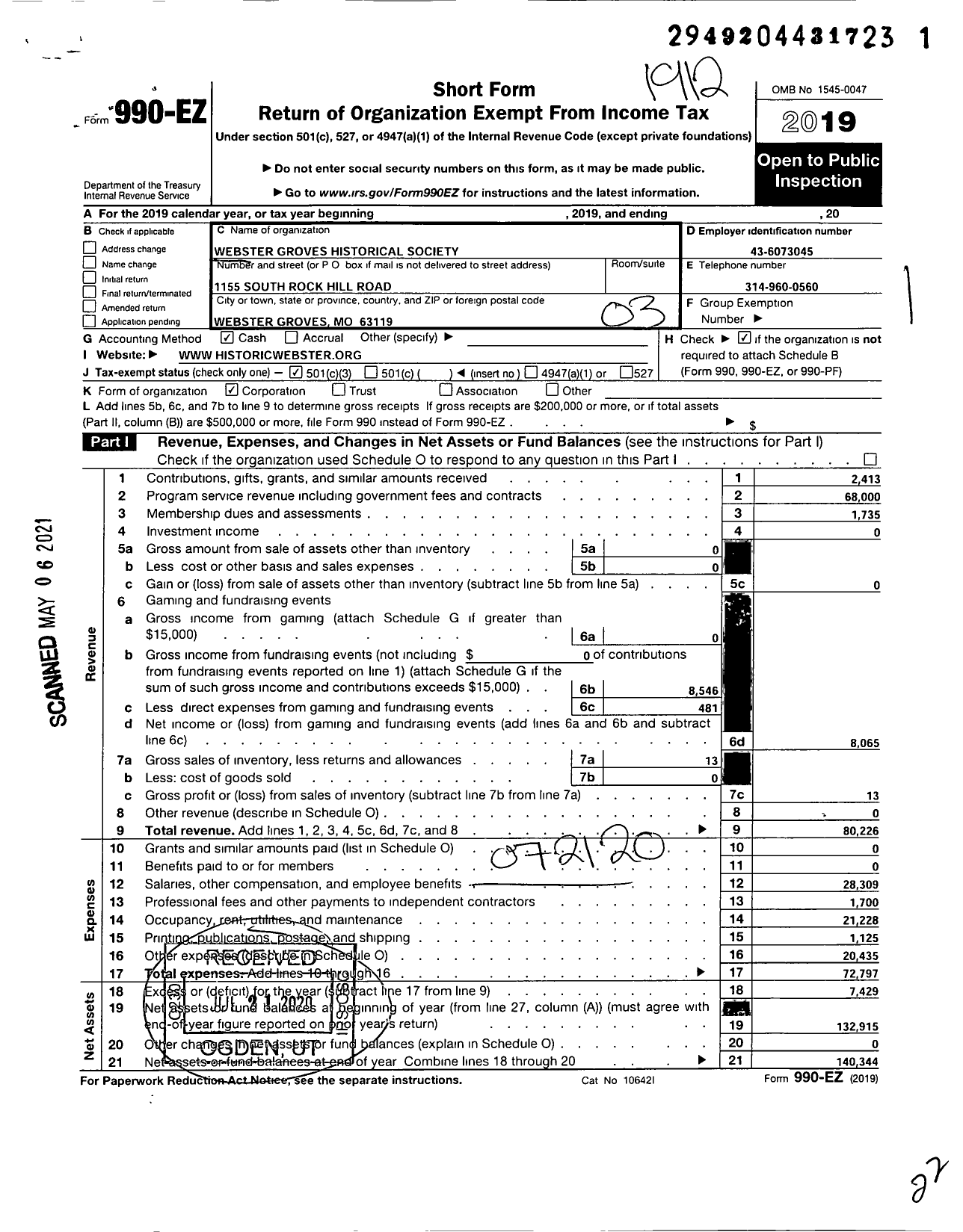 Image of first page of 2019 Form 990EZ for Webster Groves Historical Society