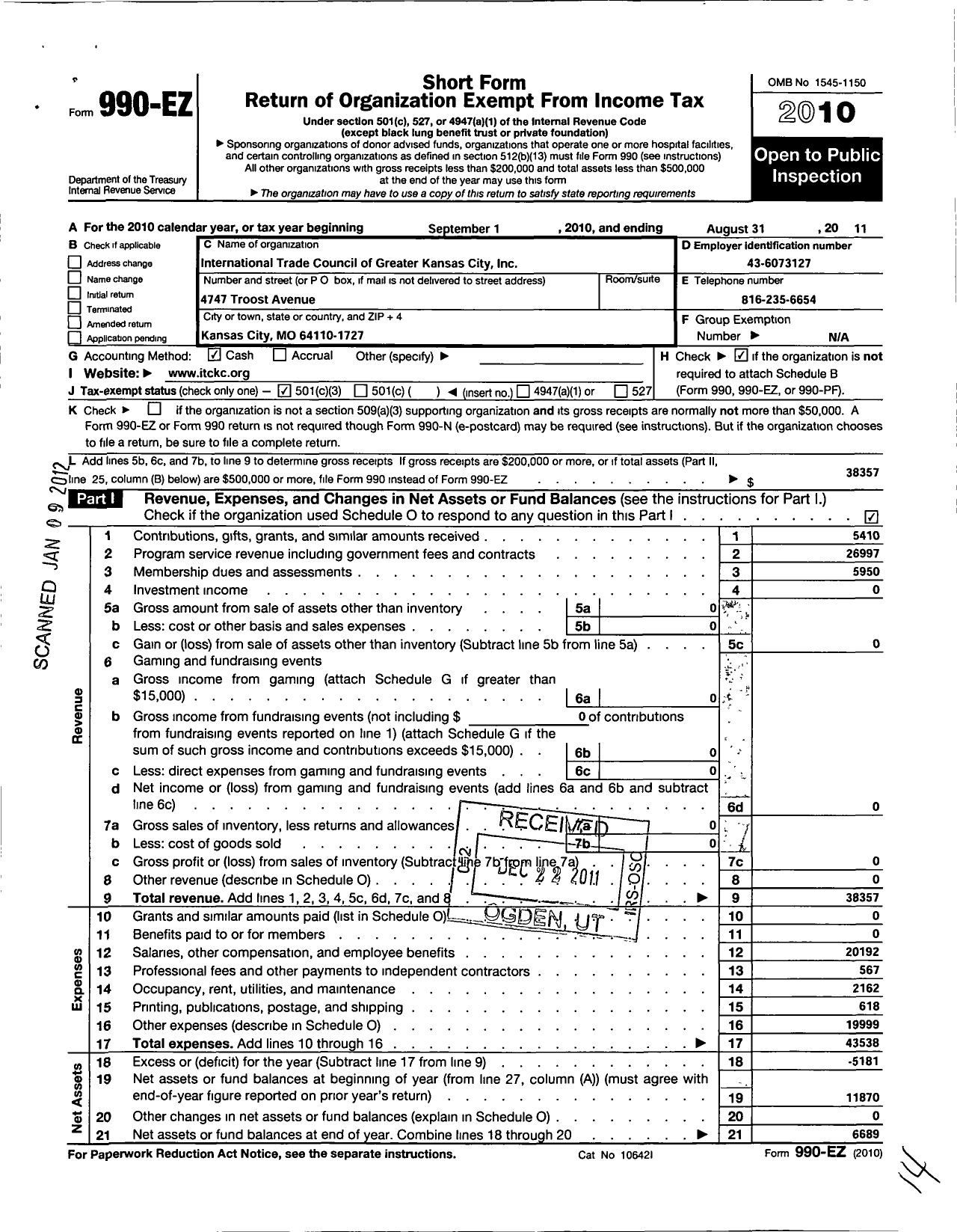 Image of first page of 2010 Form 990EZ for International Trade Council of Greater Kansas City