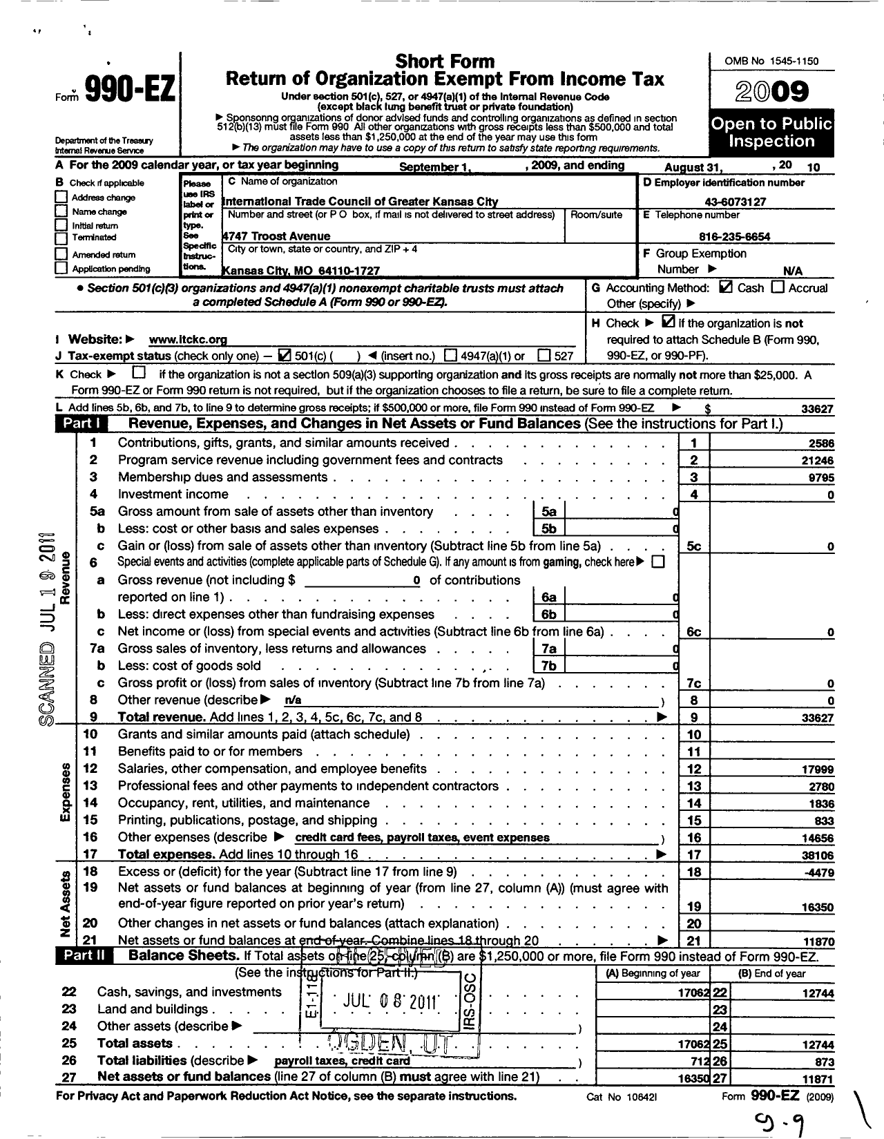 Image of first page of 2009 Form 990EO for International Trade Council of Greater Kansas City