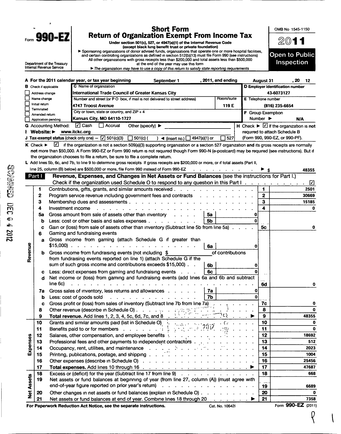 Image of first page of 2011 Form 990EZ for International Trade Council of Greater Kansas City