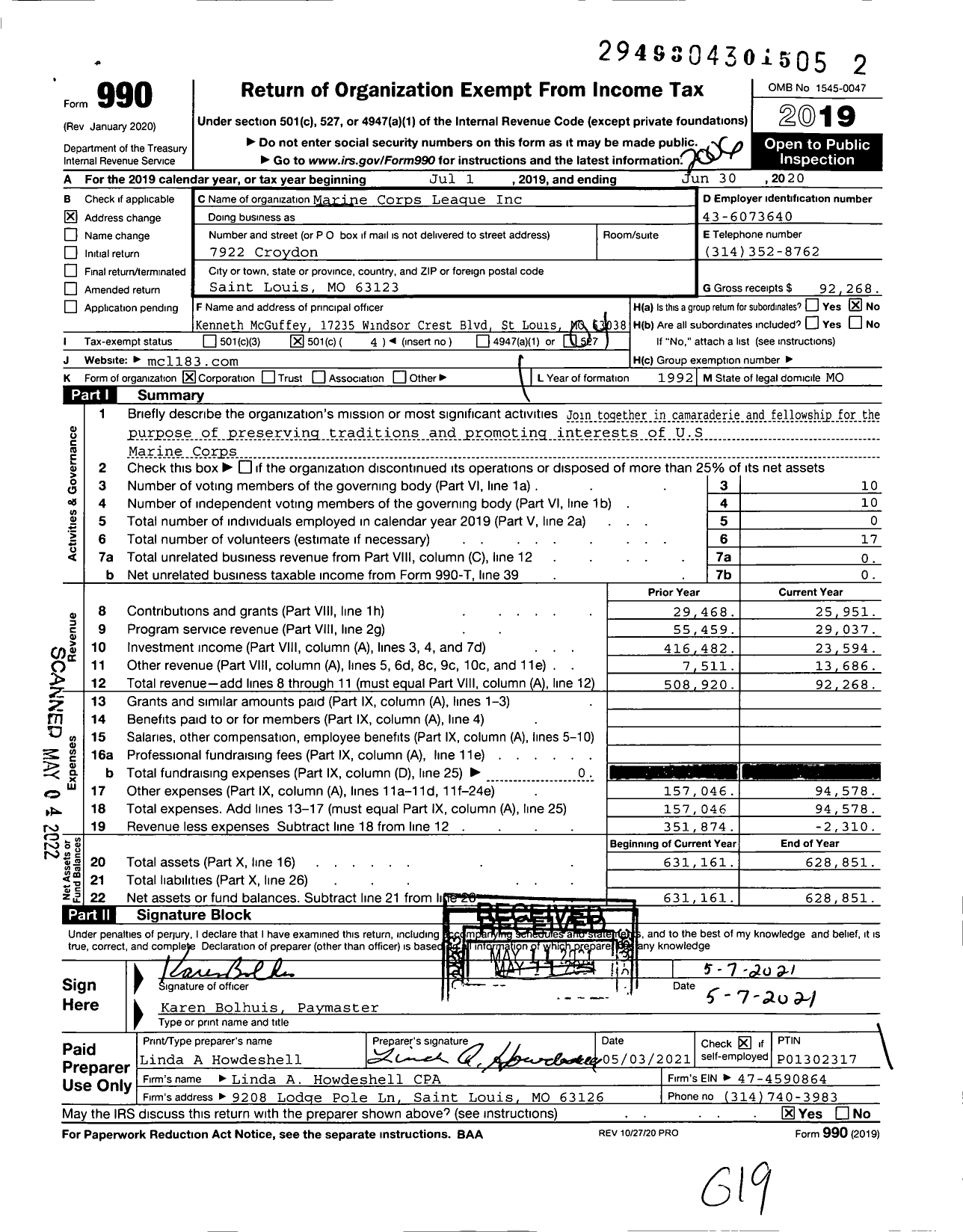 Image of first page of 2019 Form 990O for Marine Corps League - 183 South St Louis Detachment MCL