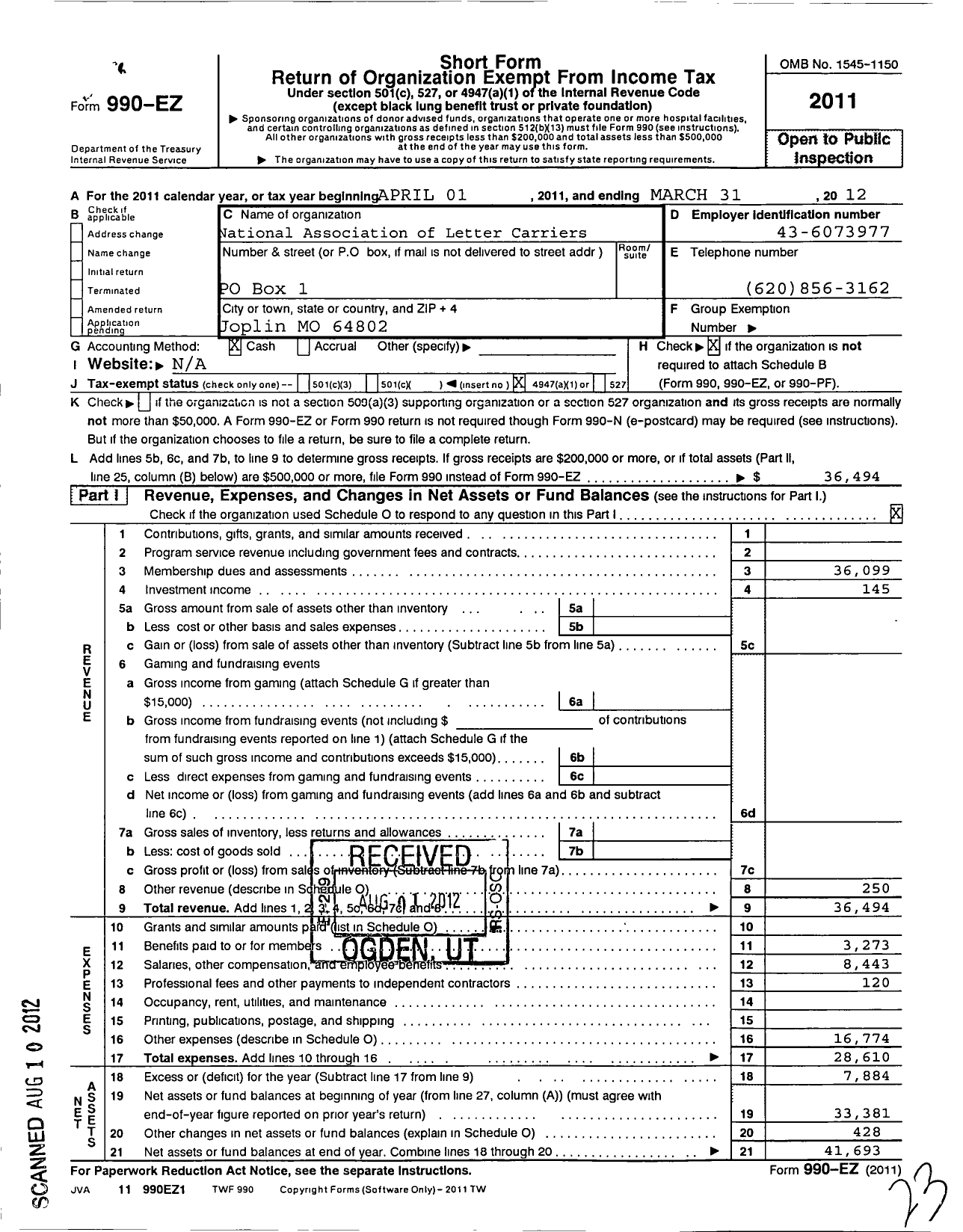 Image of first page of 2011 Form 990EO for National Association of Letter Carriers - 366 Southwest Missouri